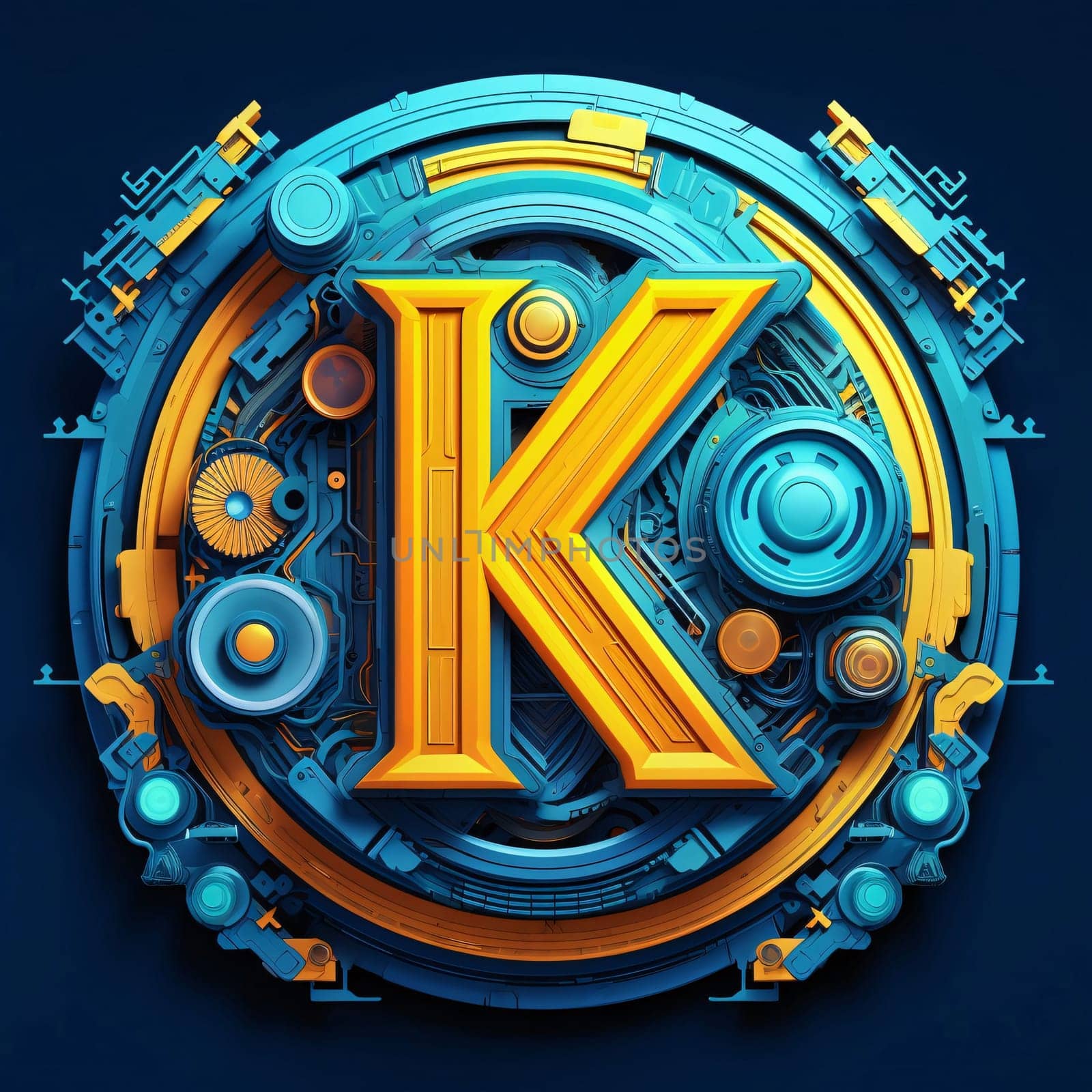 Graphic alphabet letters: 3d illustration of letter k in futuristic style on blue background.