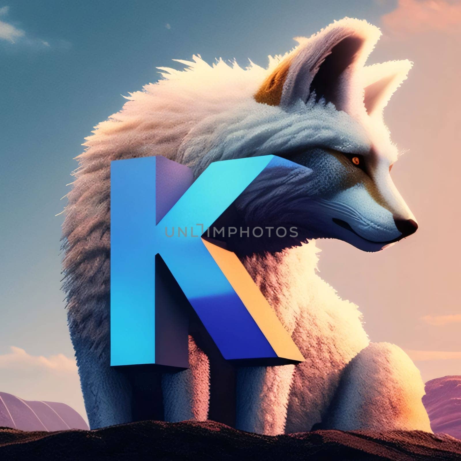 Cute fox with blue letter K in the desert. 3D rendering by ThemesS