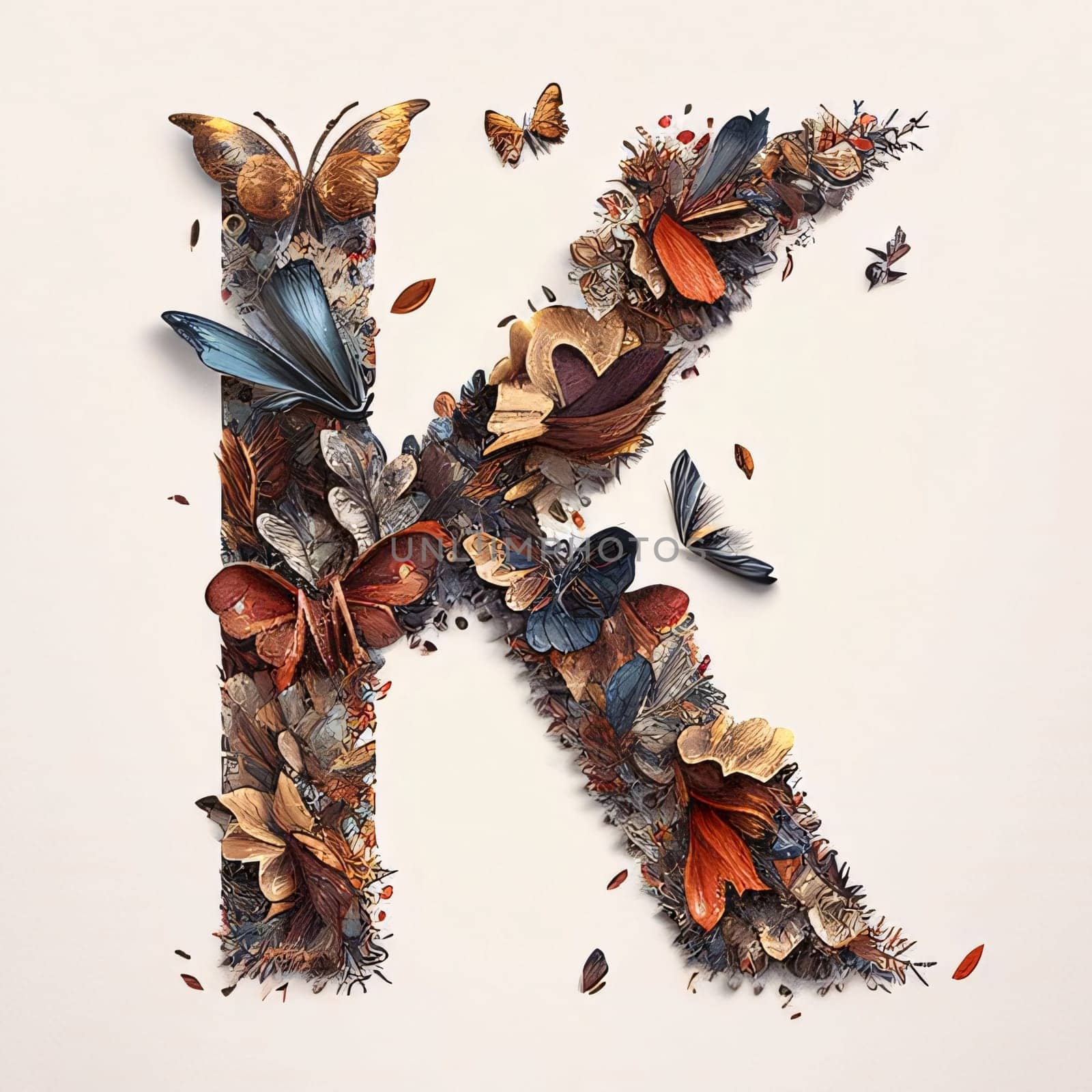 Graphic alphabet letters: Letter K made of autumn leaves and butterflies. 3d illustration.