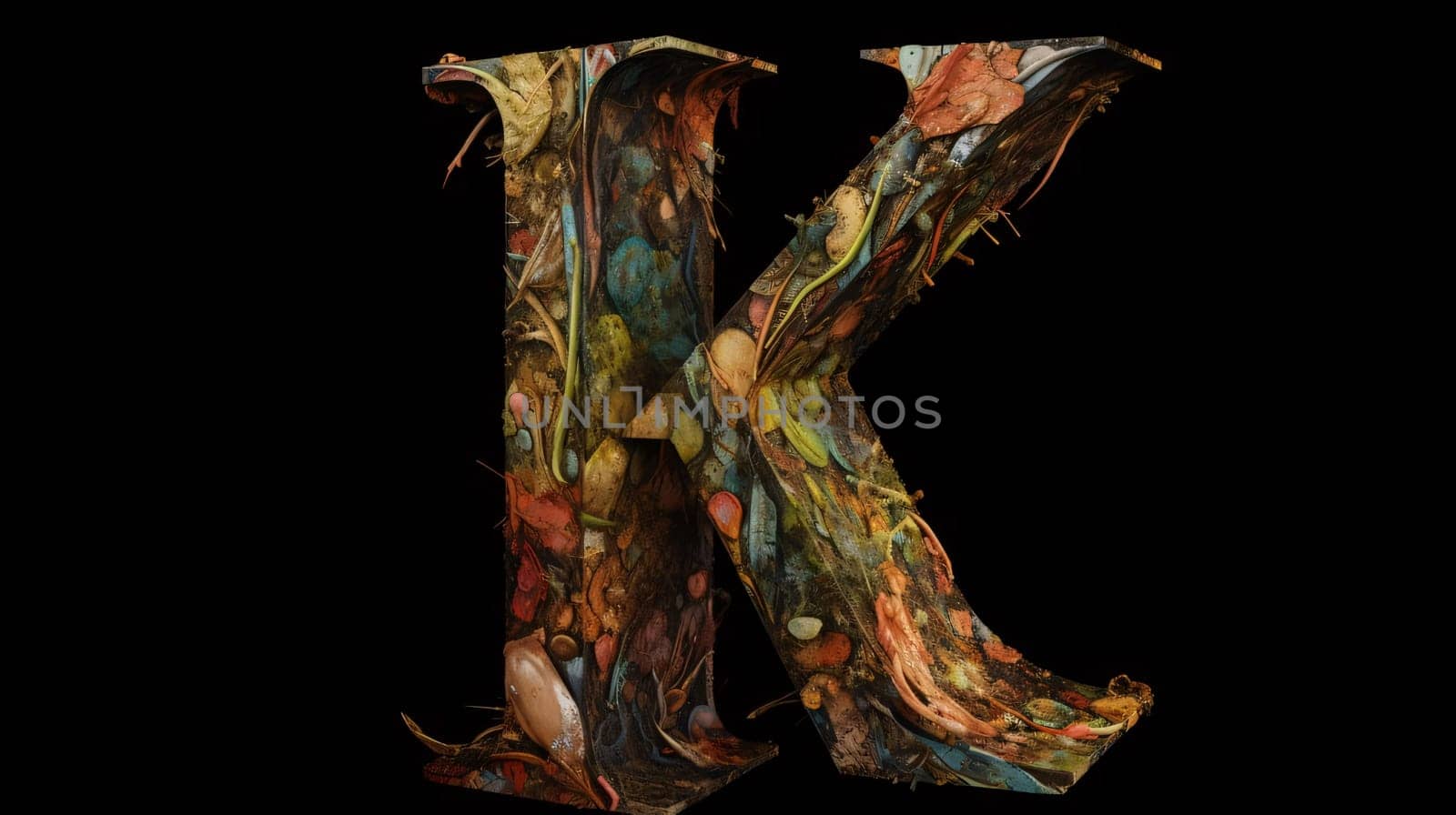 Letter K made of abstract paint splashes isolated on black background. 3d rendering by ThemesS