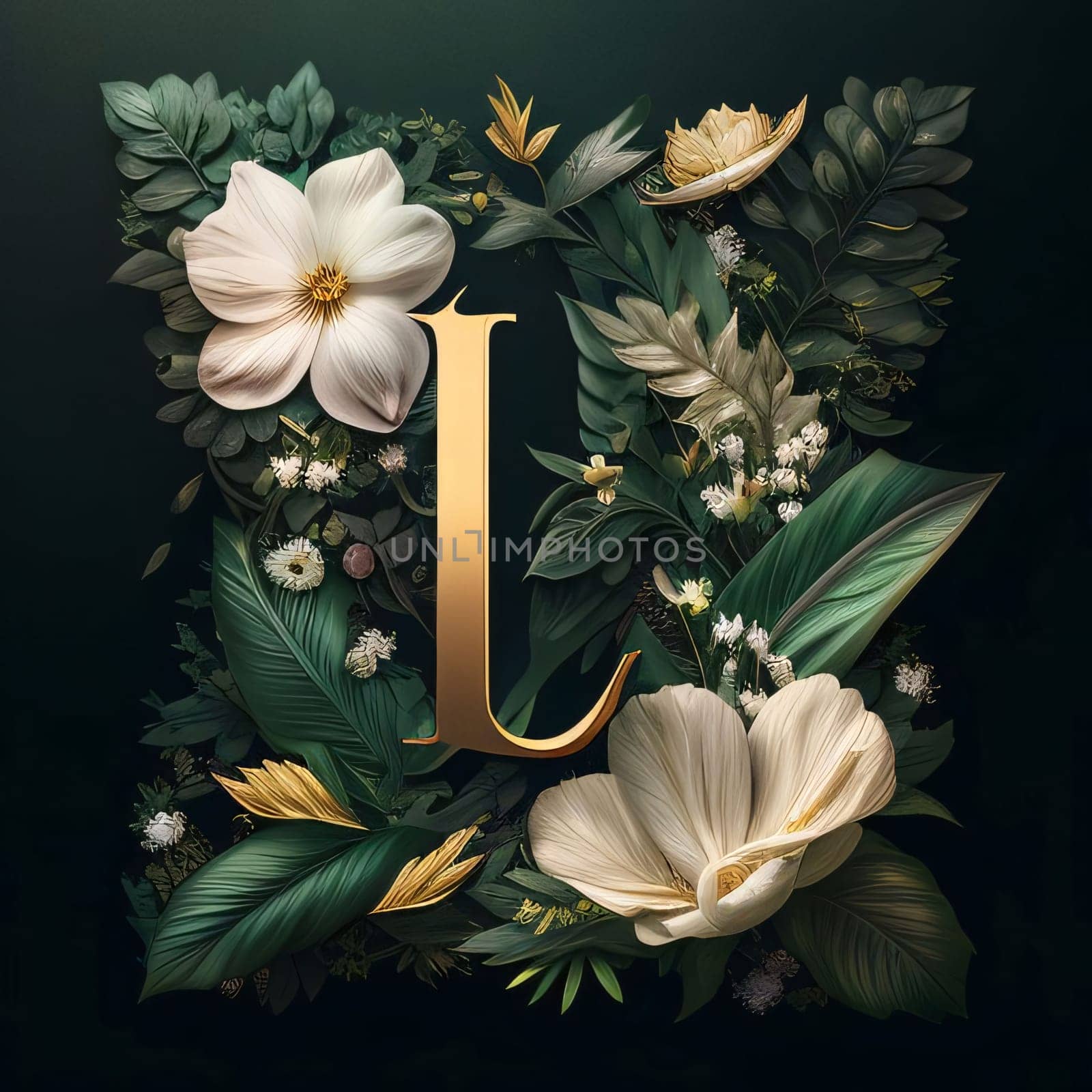 letter L with tropical leaves and flowers on dark background. 3d rendering by ThemesS