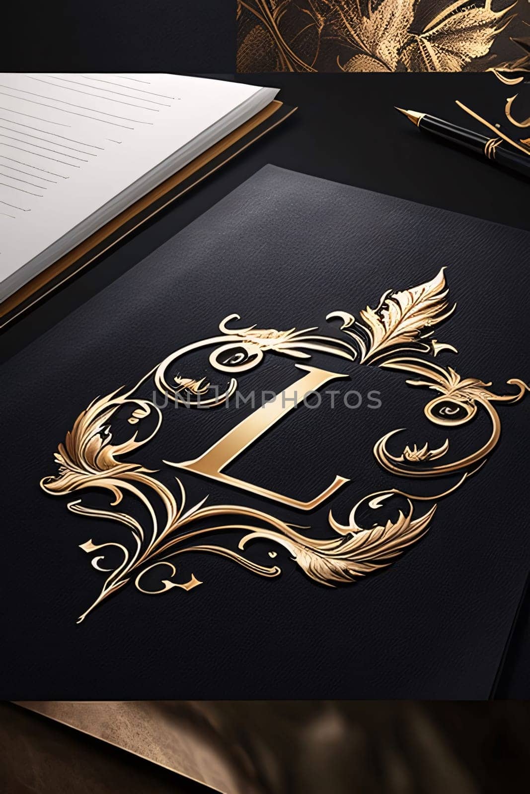 Luxury golden letter L on black book cover with decorative elements. by ThemesS