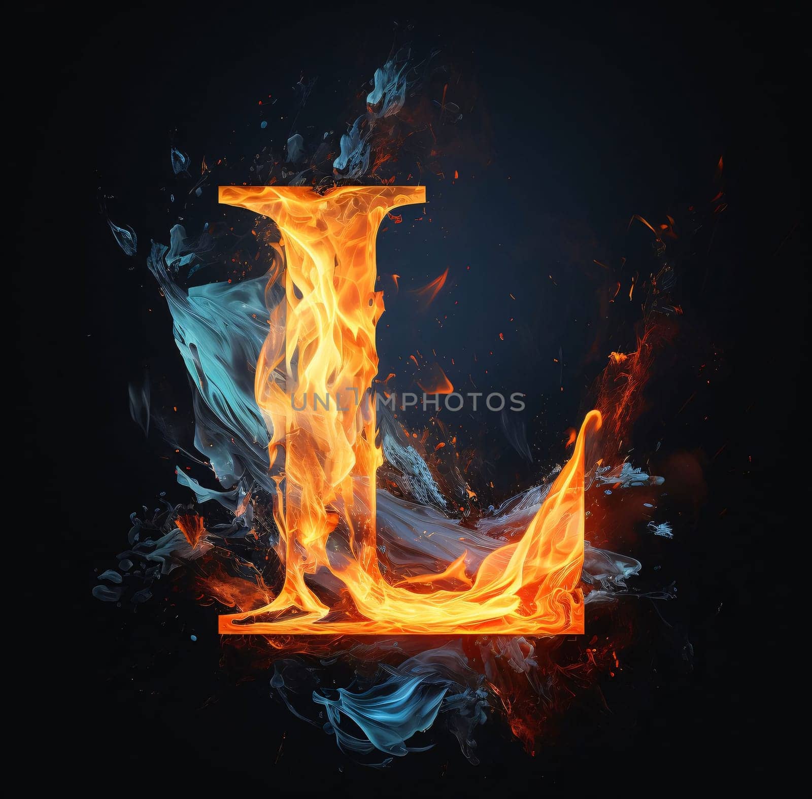 Graphic alphabet letters: Flaming letter L on a black background. 3d rendering