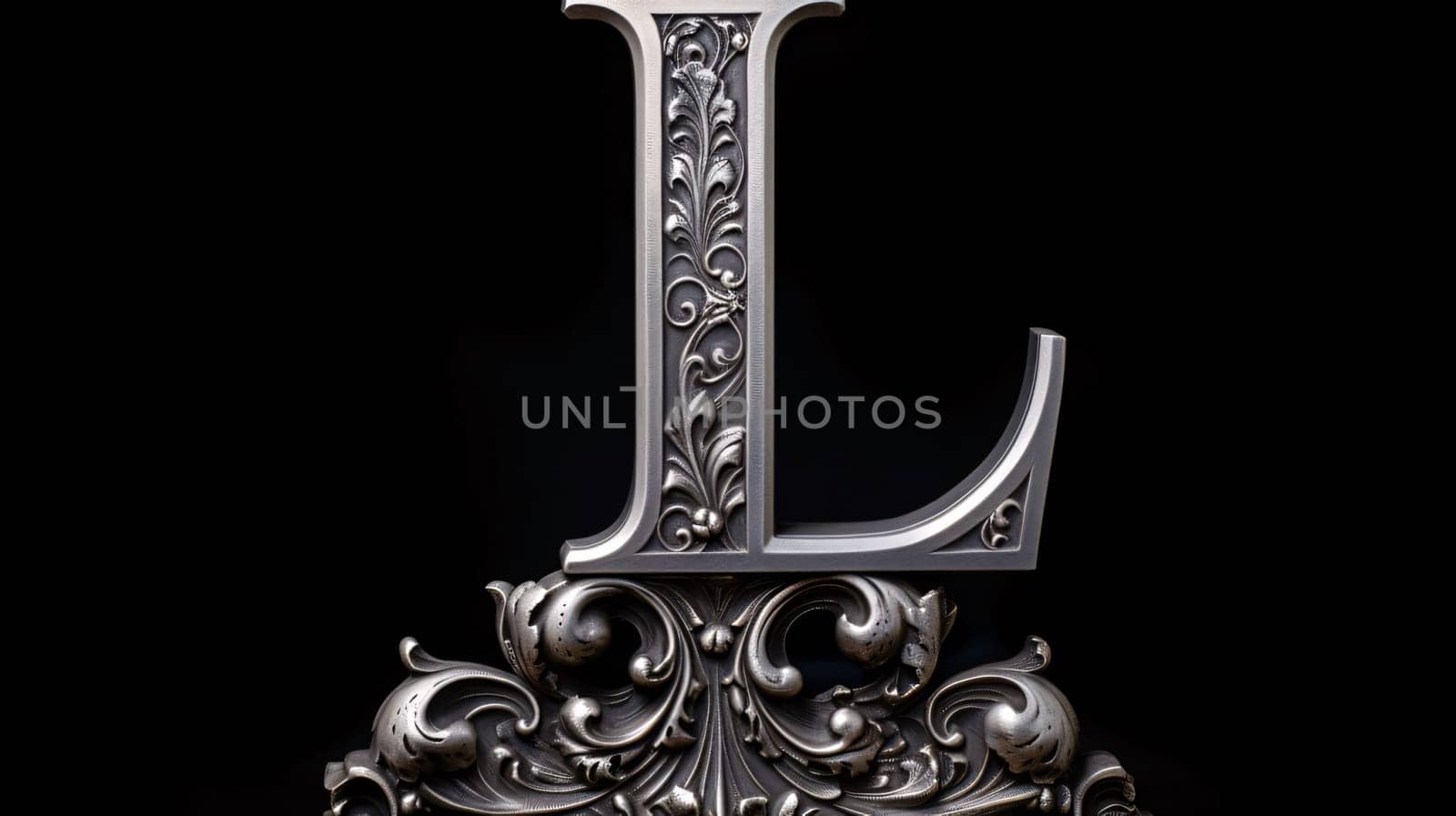 Graphic alphabet letters: Luxury metal letter L on a black background. 3d rendering