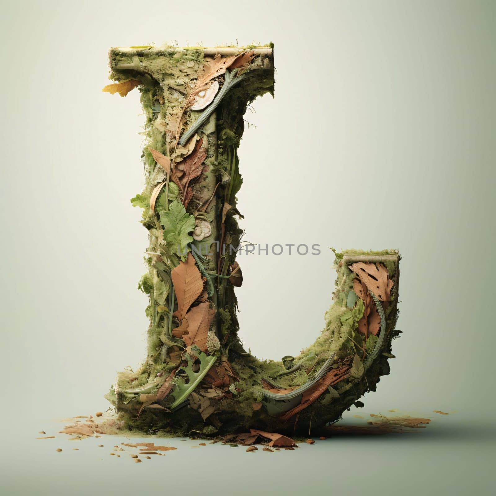 Graphic alphabet letters: Letter L made of dried leaves and shavings. 3D Render