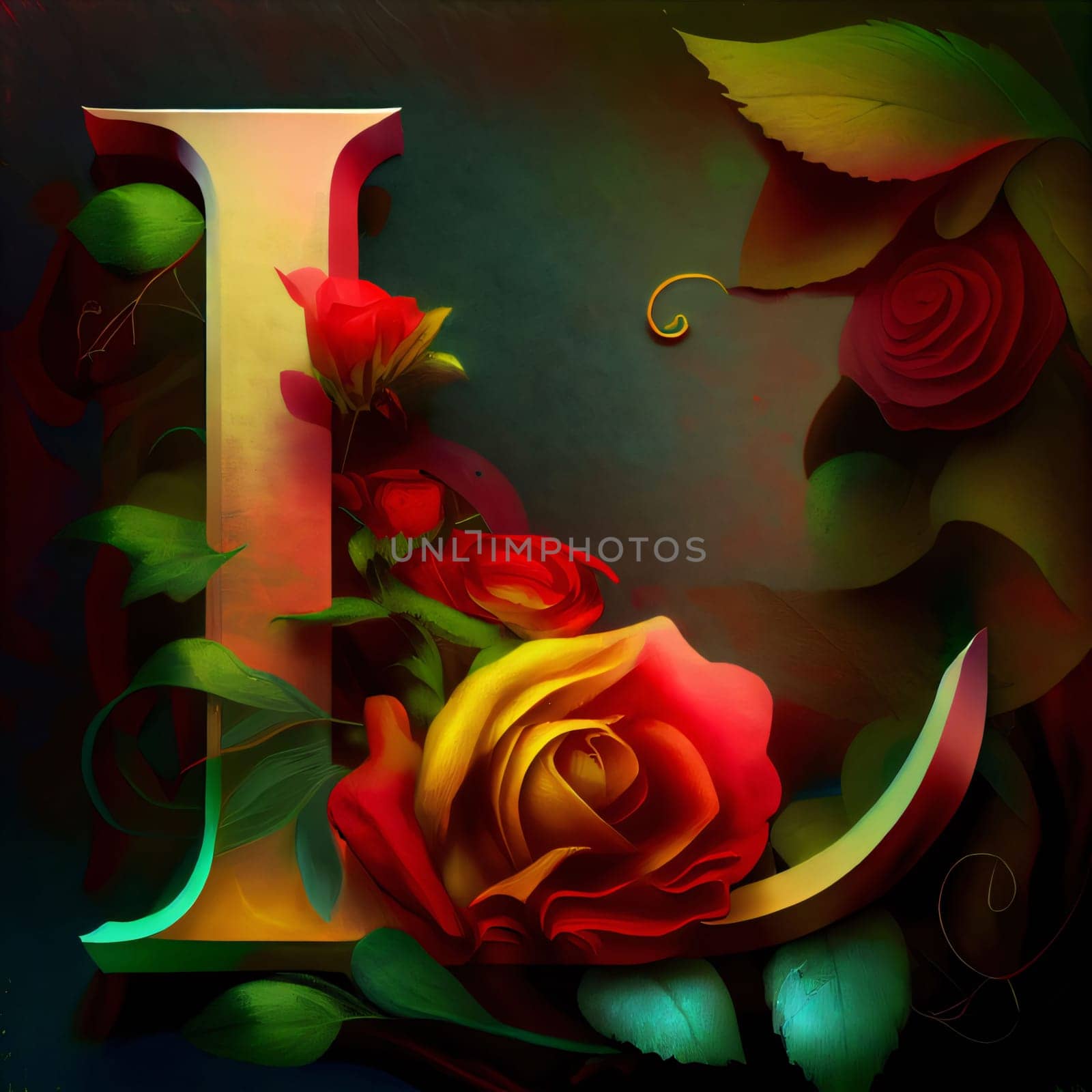 Graphic alphabet letters: Grunge floral alphabet with rose flowers and leaves. Letter L