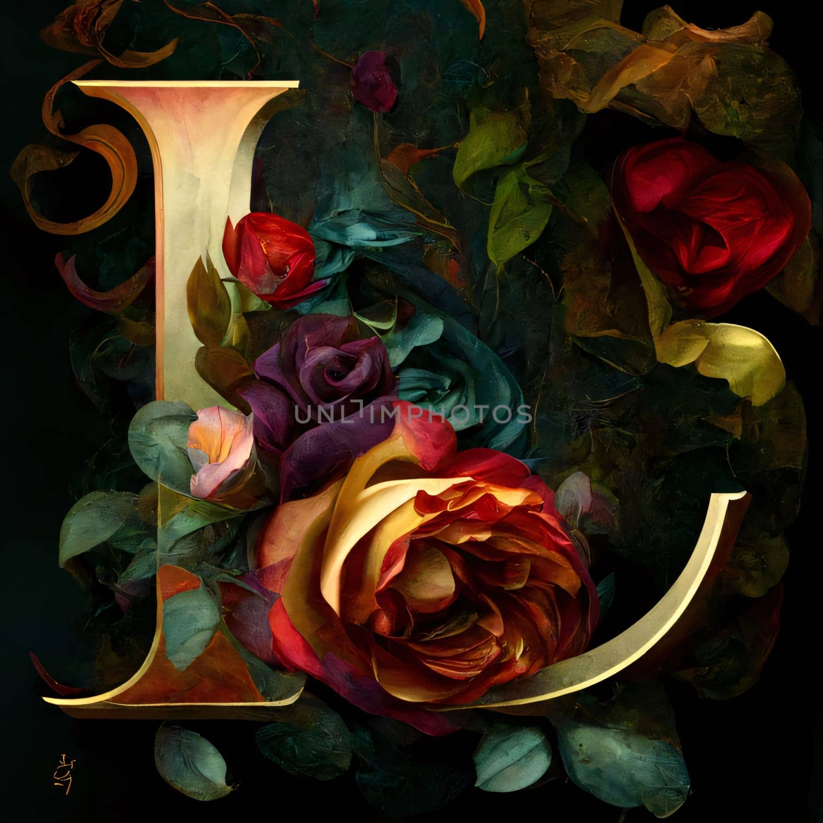 The letter L in the Gothic style. Decorative font with roses. by ThemesS