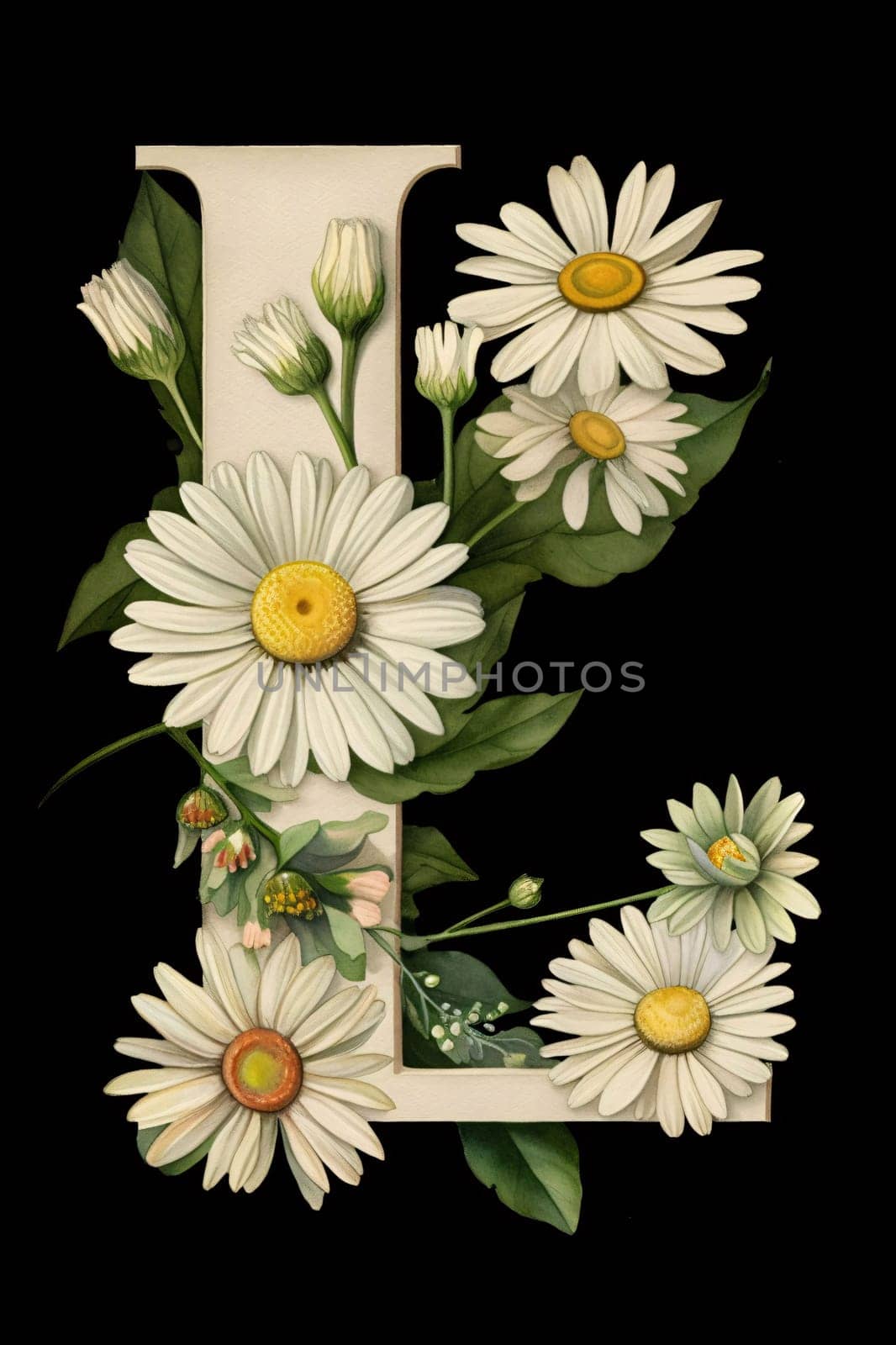 Graphic alphabet letters: letter of the English alphabet with daisies on a black background
