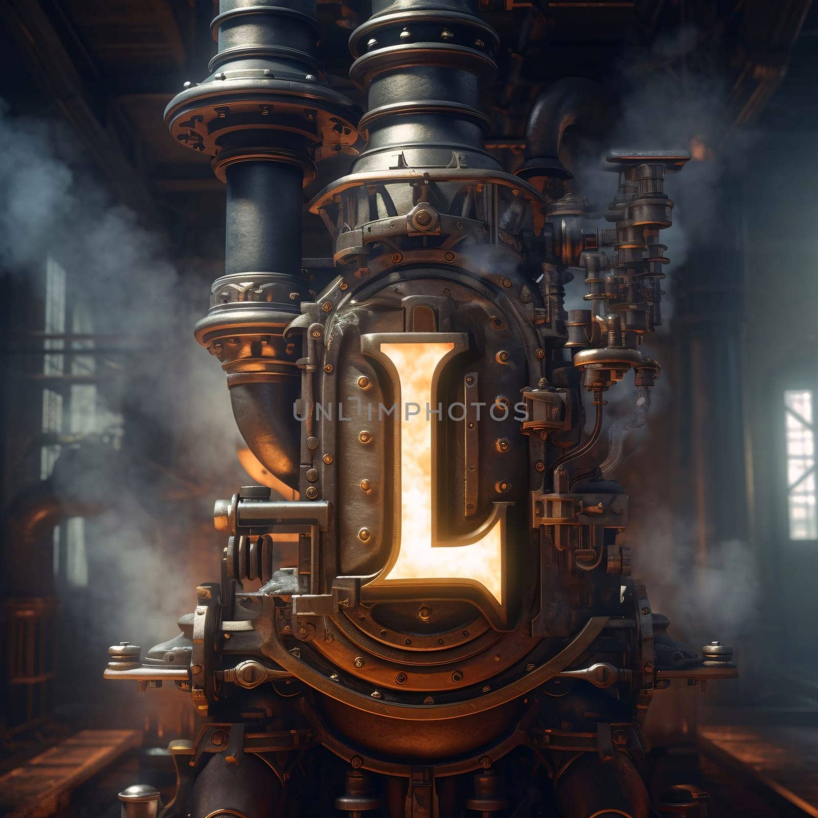 Graphic alphabet letters: 3d illustration of the letter L in the form of a steam engine