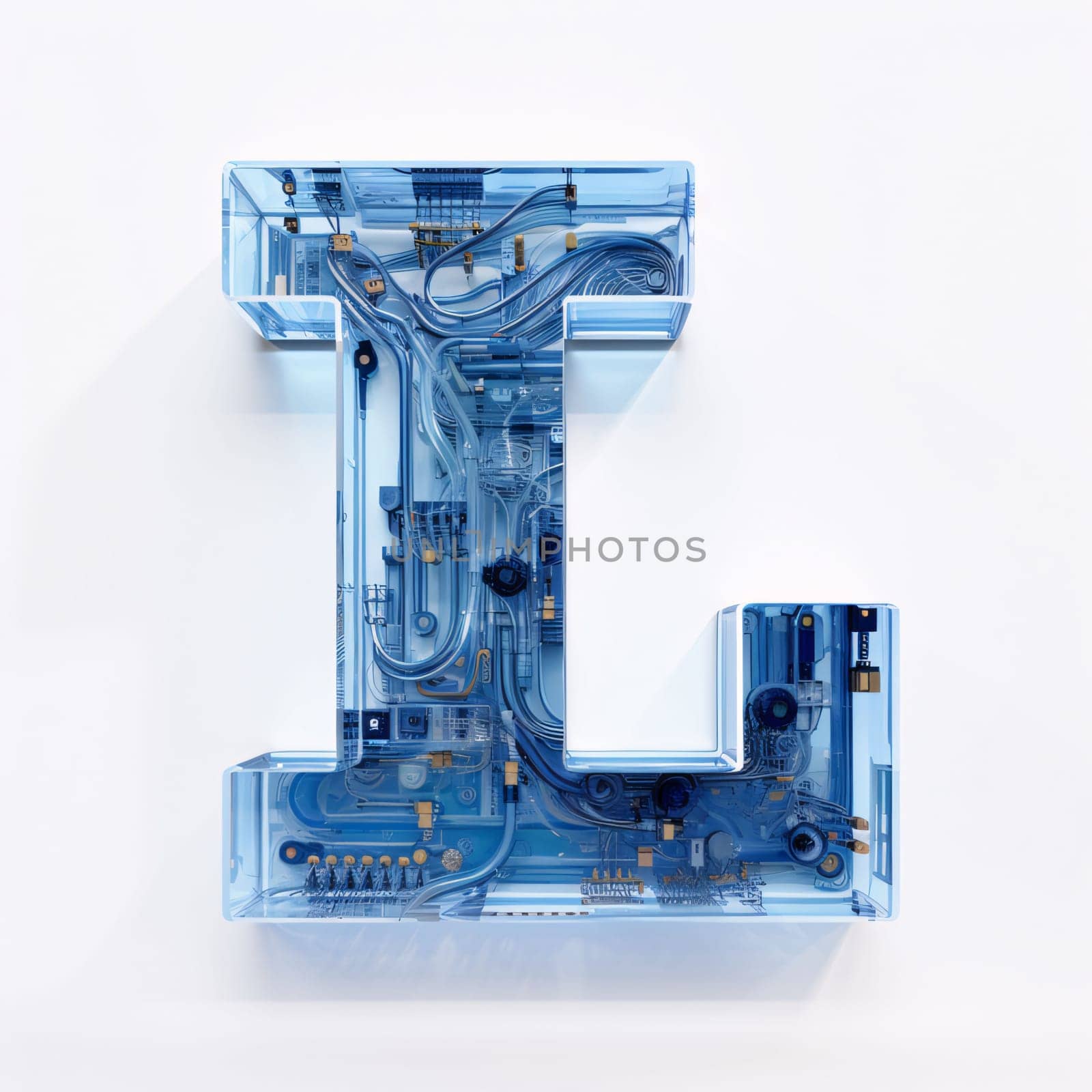 Graphic alphabet letters: Letter L made of circuit board on white background. 3d rendering