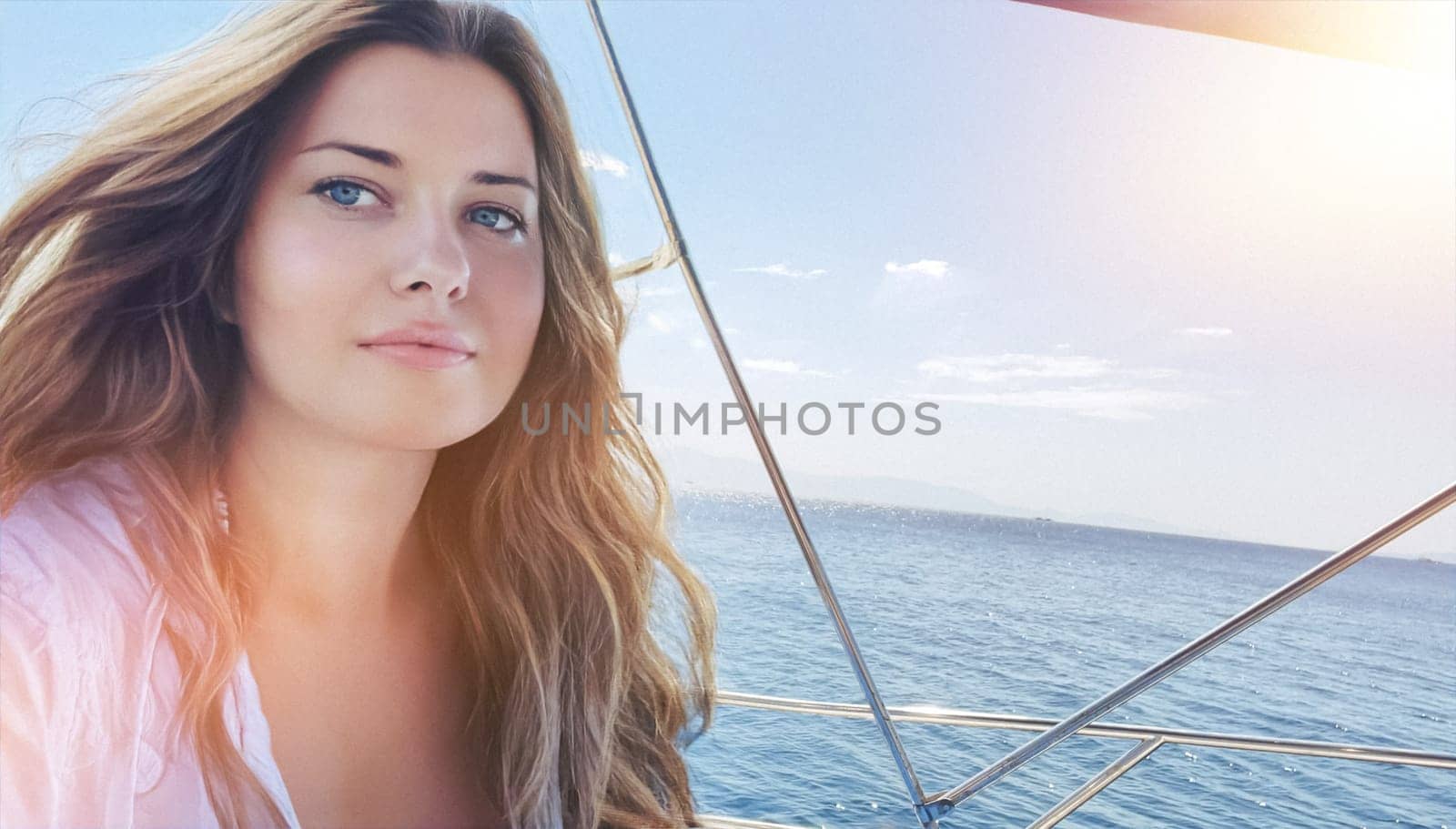 Woman enjoying the sea on a yacht boat, beach lifestyle in summertime, holiday yachting travel and summer leisure concept