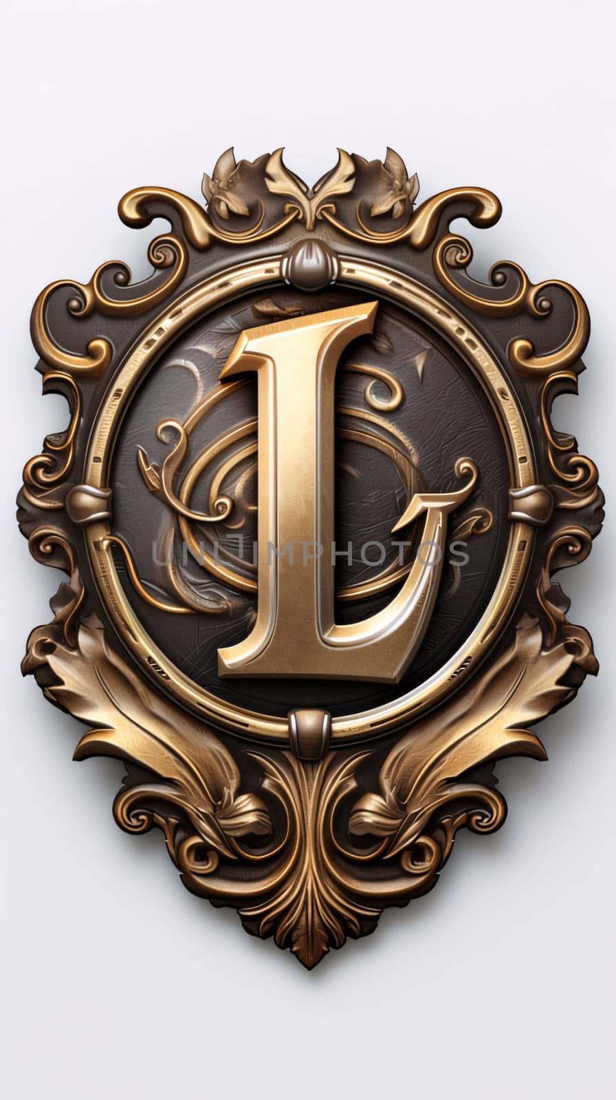 Graphic alphabet letters: Luxury golden letter L in vintage frame on white background.