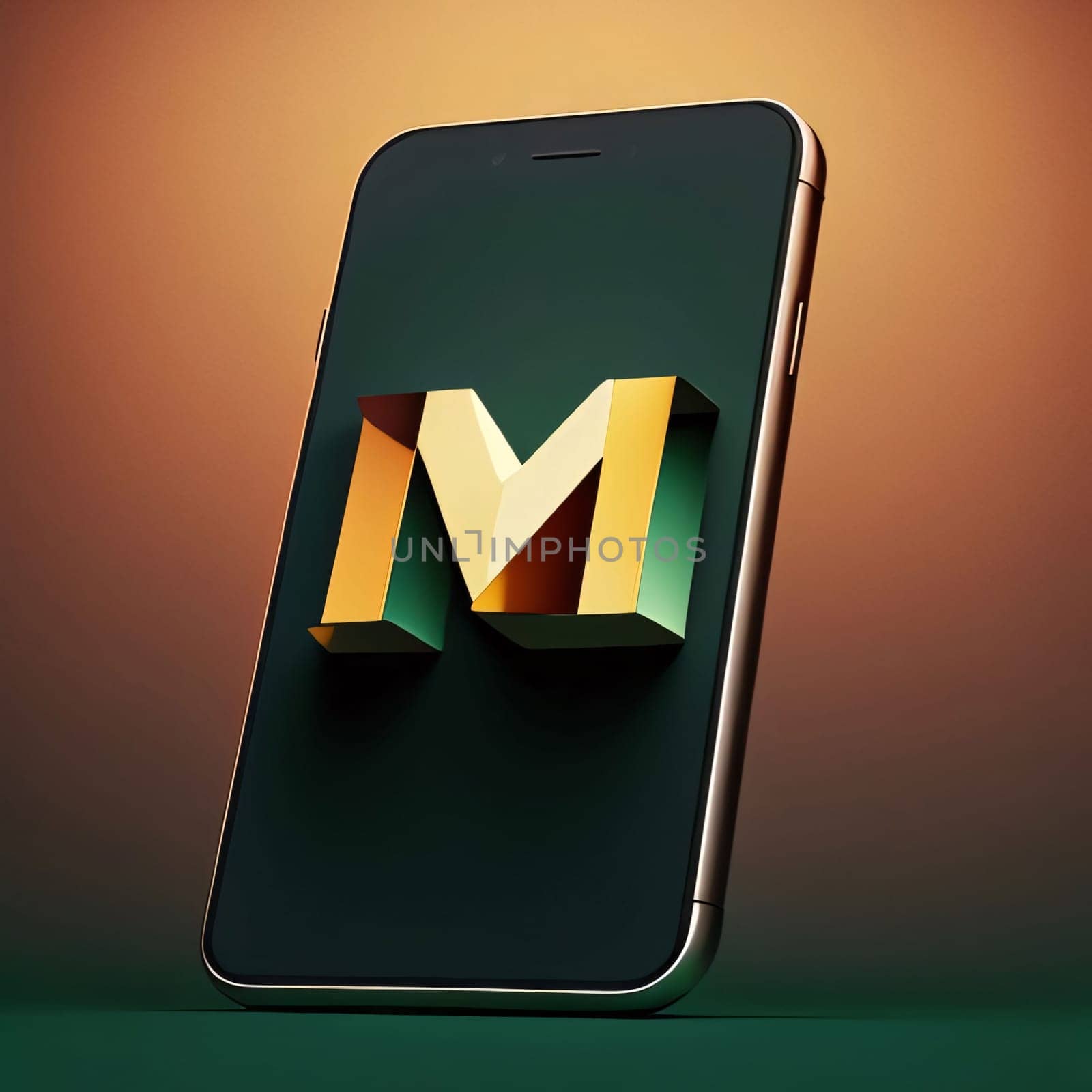 Graphic alphabet letters: Mobile phone with letter M on the screen. 3D illustration.