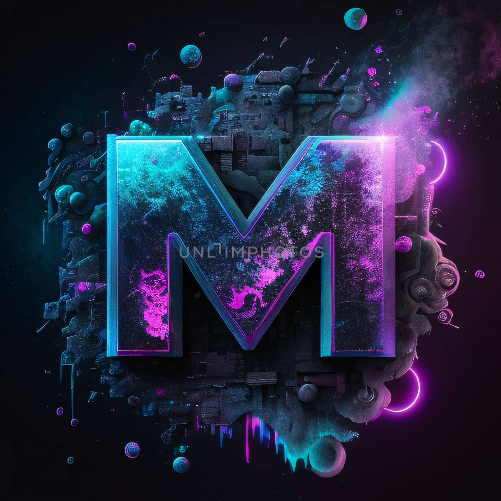 Graphic alphabet letters: Futuristic letter M in space. 3D rendering. Neon lights.