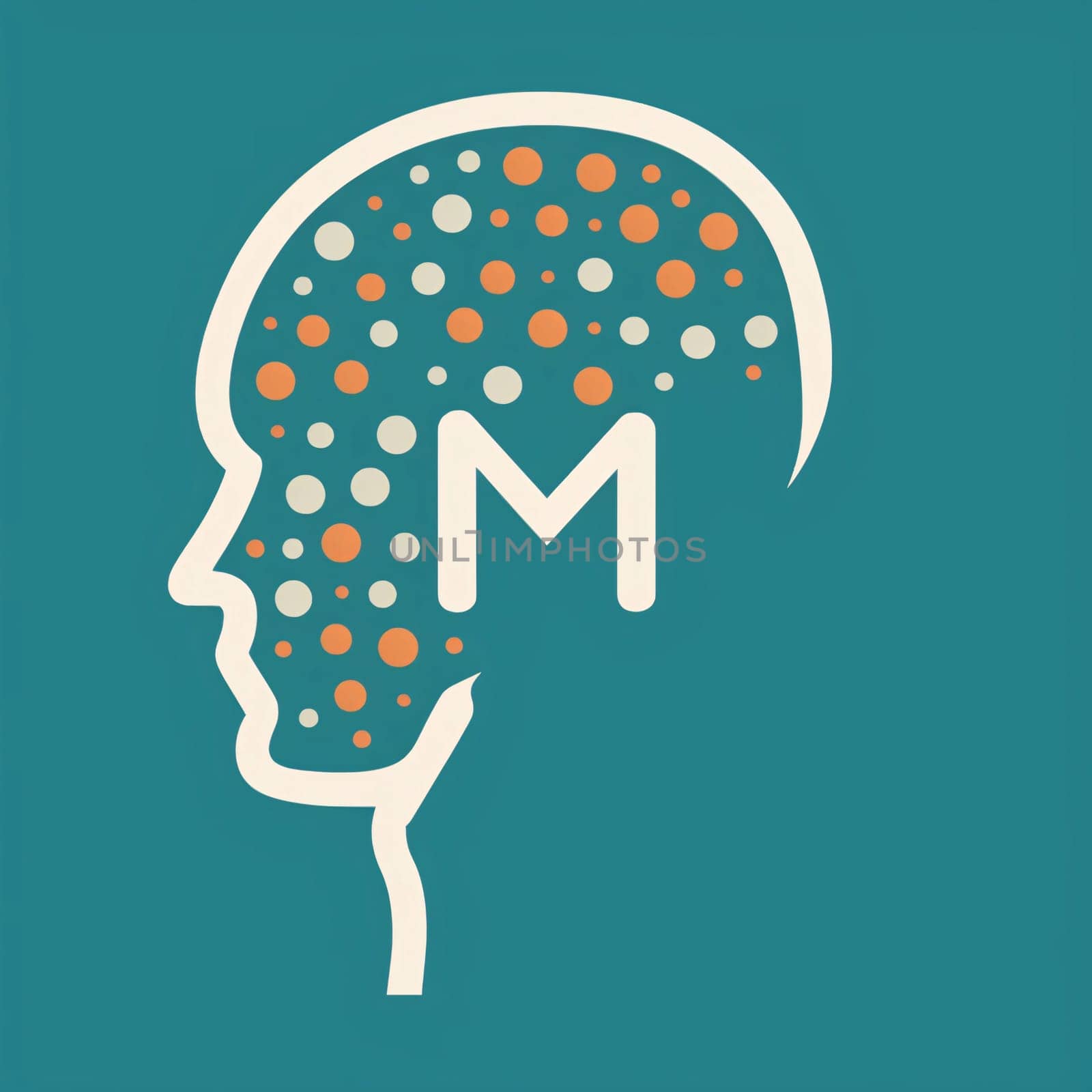 Graphic alphabet letters: Human head with brain and letter M made of dots. Vector illustration.