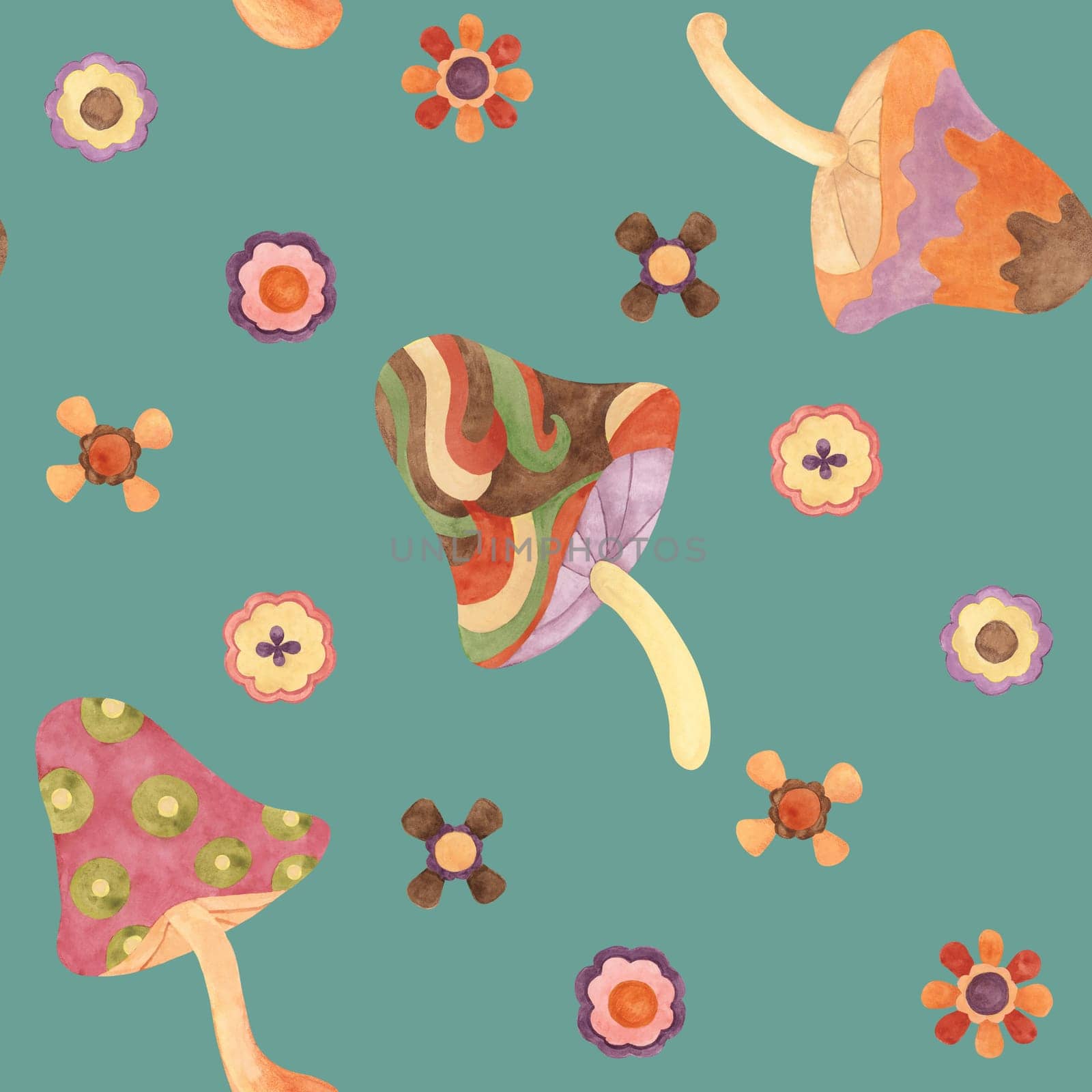 Retro groovy seamless pattern with mushrooms and flowers in watercolor. Vintage hippie fungi textile ornament clipart. Hand drawn nostalgic print for clothing, wallpaper, wrapping, scrapbooking