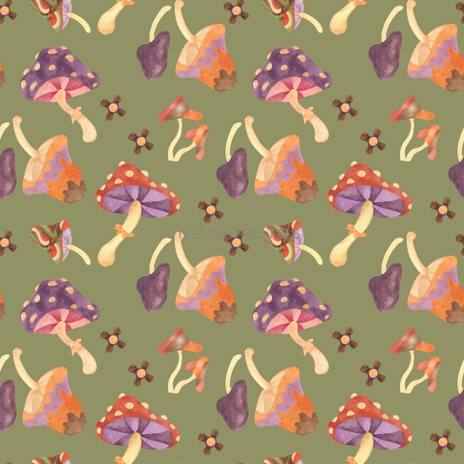 Fly agaric seamless pattern with retro mushrooms and flowers. Vintage hippie textile ornament Nostalgic print for clothing, wallpaper, scrapbooking by Fofito