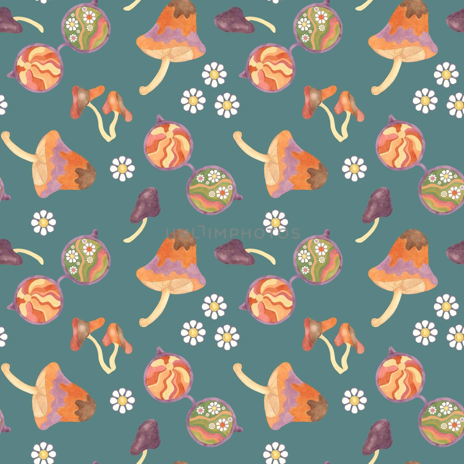 Retro seamless pattern with mushrooms and glasses in watercolor. Vintage hippie textile ornament Nostalgic print for clothing, wallpaper, scrapbooking by Fofito