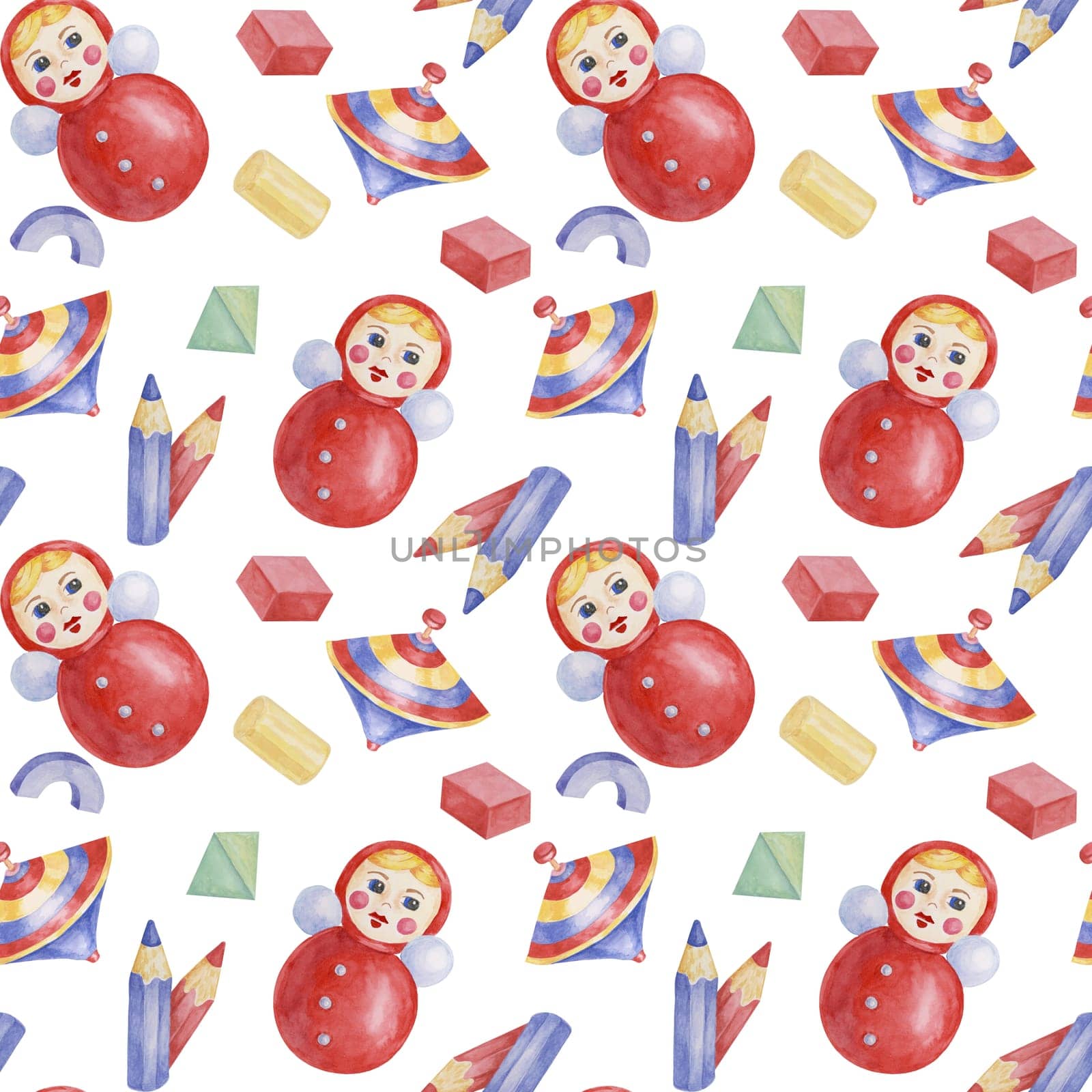 Baby seamless pattern in red, blue colors with roly-poly doll, pencils, humming top, in watercolor. Hand drawn textile for kids room, nursery, present by Fofito