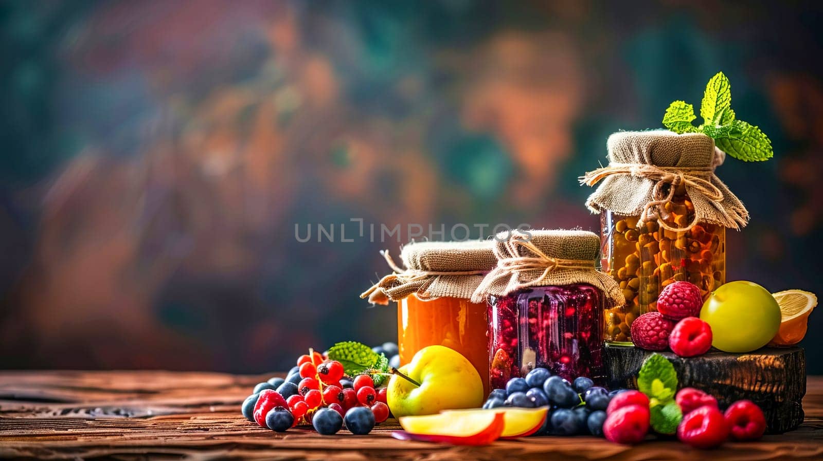 Close-up of glass jars with homemade berry and fruit jam. Summer harvest, home canning, healthy food.