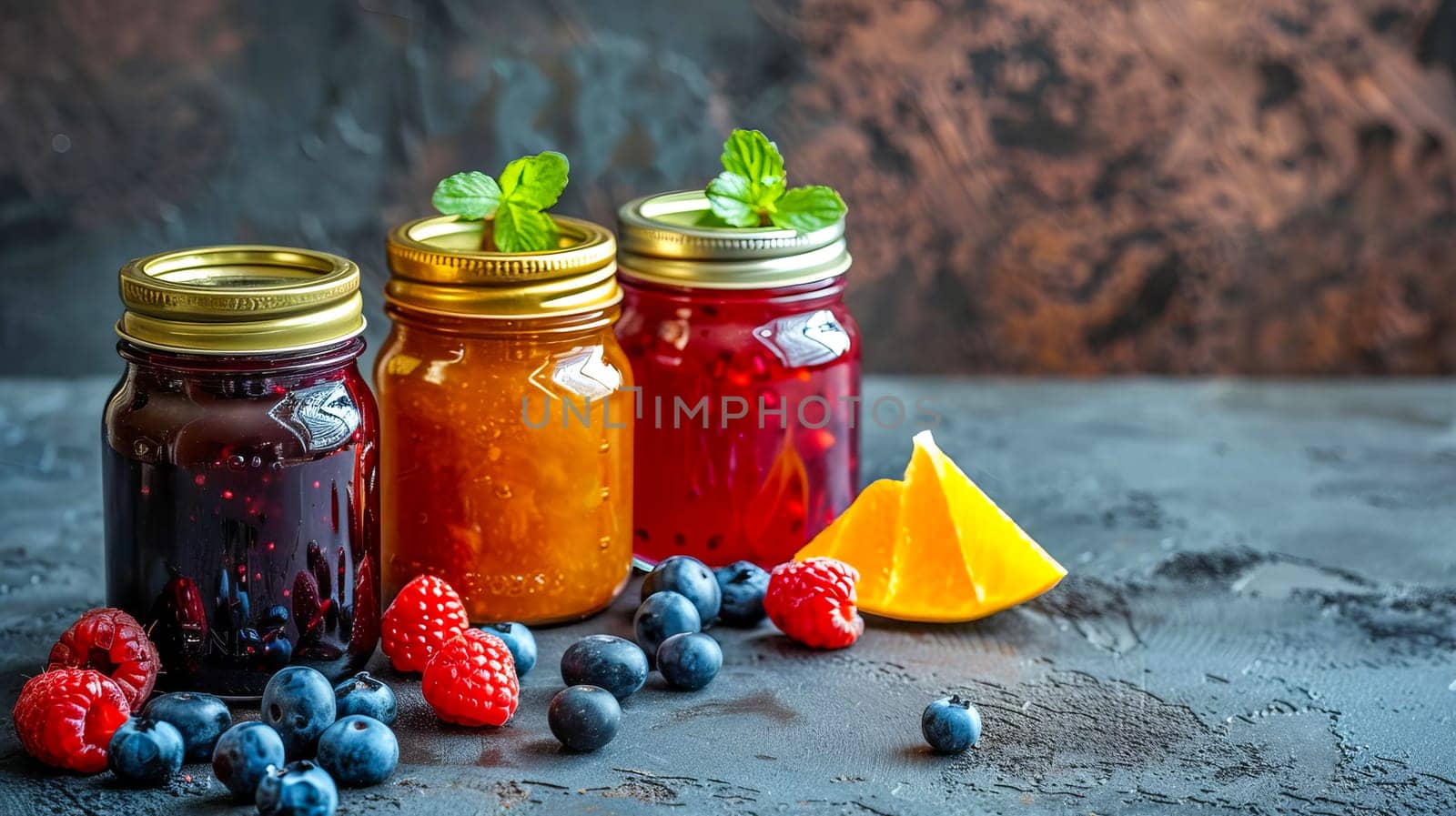 Close-up of glass jars with homemade berry and fruit jam. Summer harvest, home canning, healthy food.