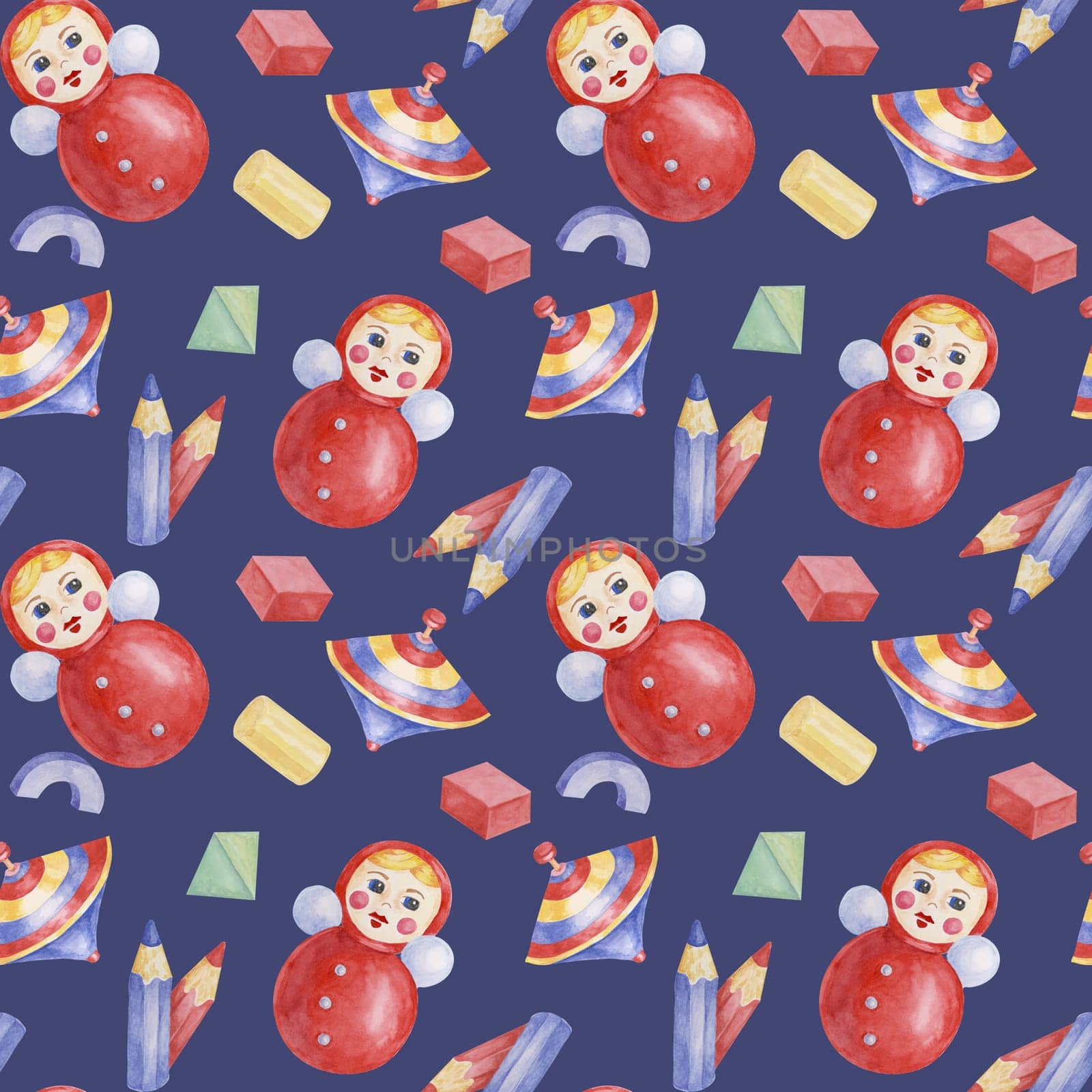 Baby seamless pattern in red, blue colors with roly-poly doll, pencils, humming top, in watercolor. Hand drawn textile for kids room, nursery, present by Fofito