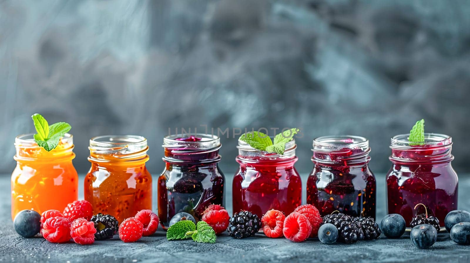Close-up of glass jars with homemade berry and fruit jam. Summer harvest, home canning, healthy food.