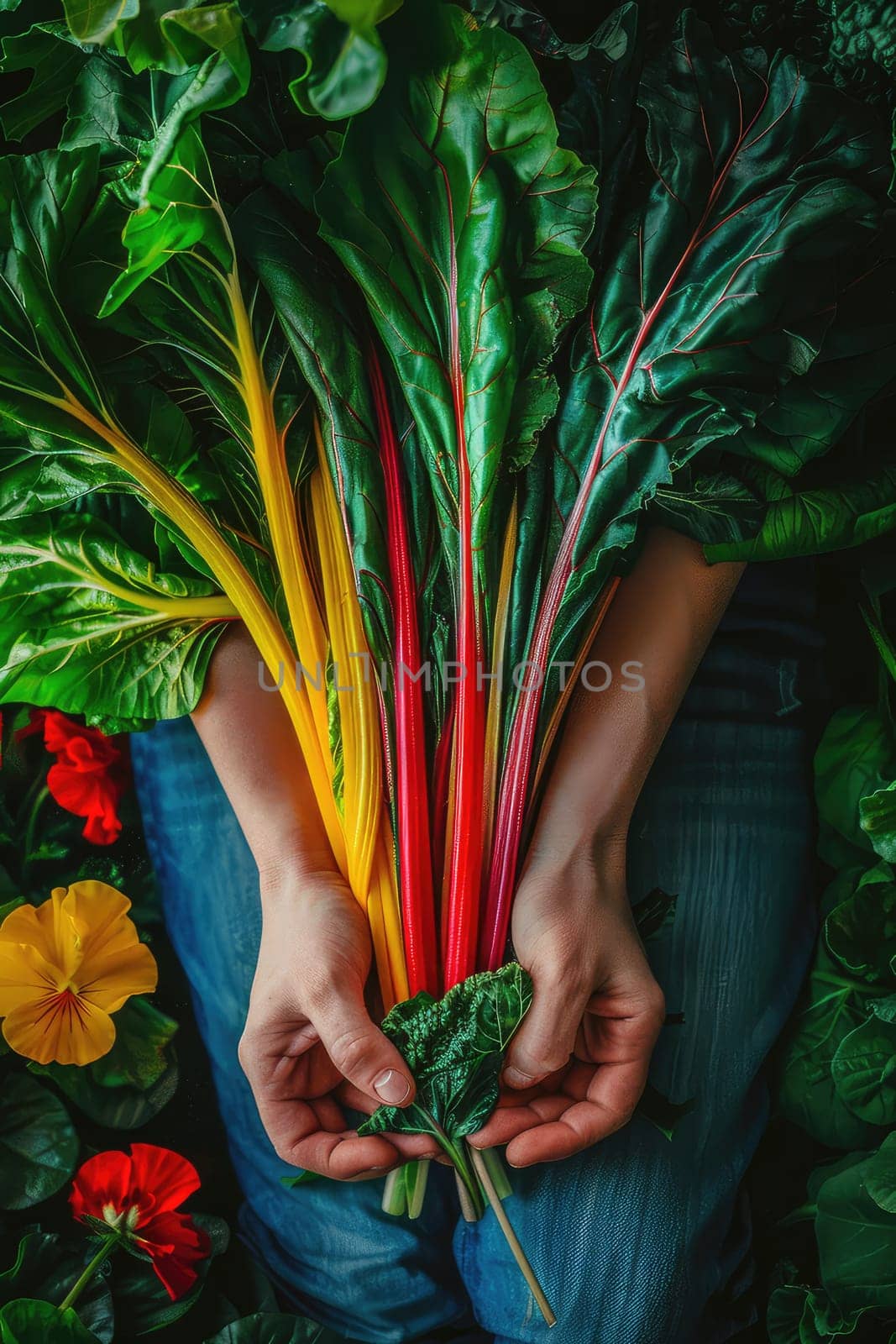 Chard in the hands of a woman in a garden. Selective focus. nature.