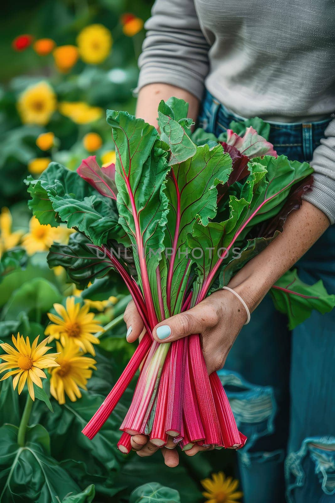 Chard in the hands of a woman in a garden. Selective focus. nature.