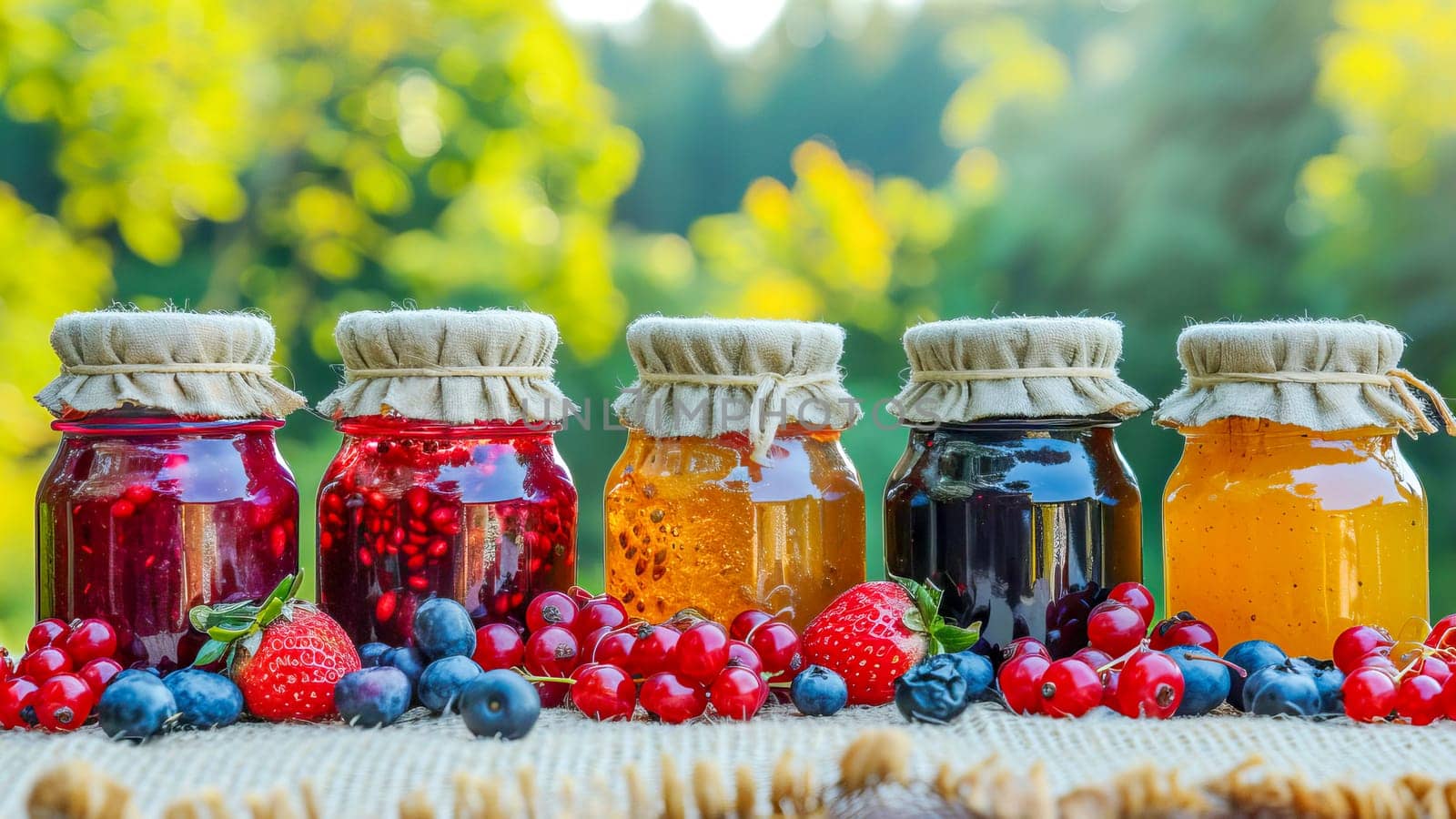 Close-up of glass jars with homemade berry and fruit jam. Summer harvest, home canning, healthy food.