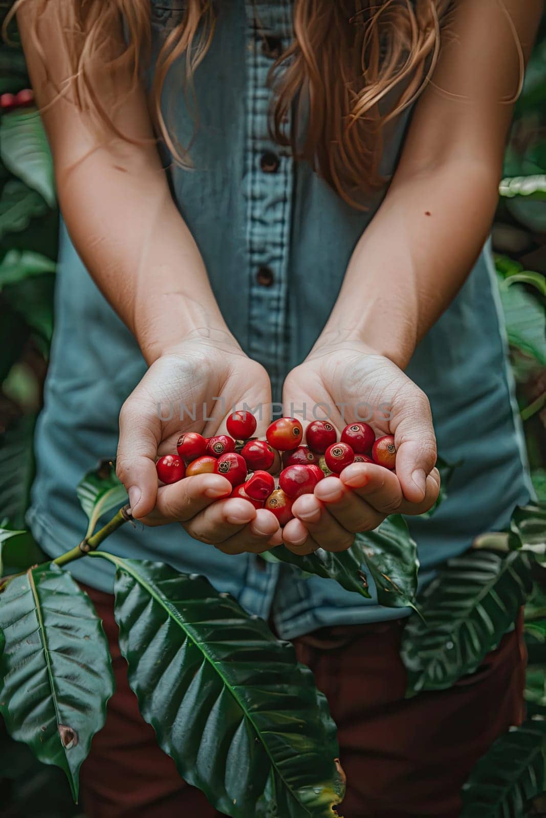 Coffee beans harvest in the hands of a woman. Selective focus. nature.