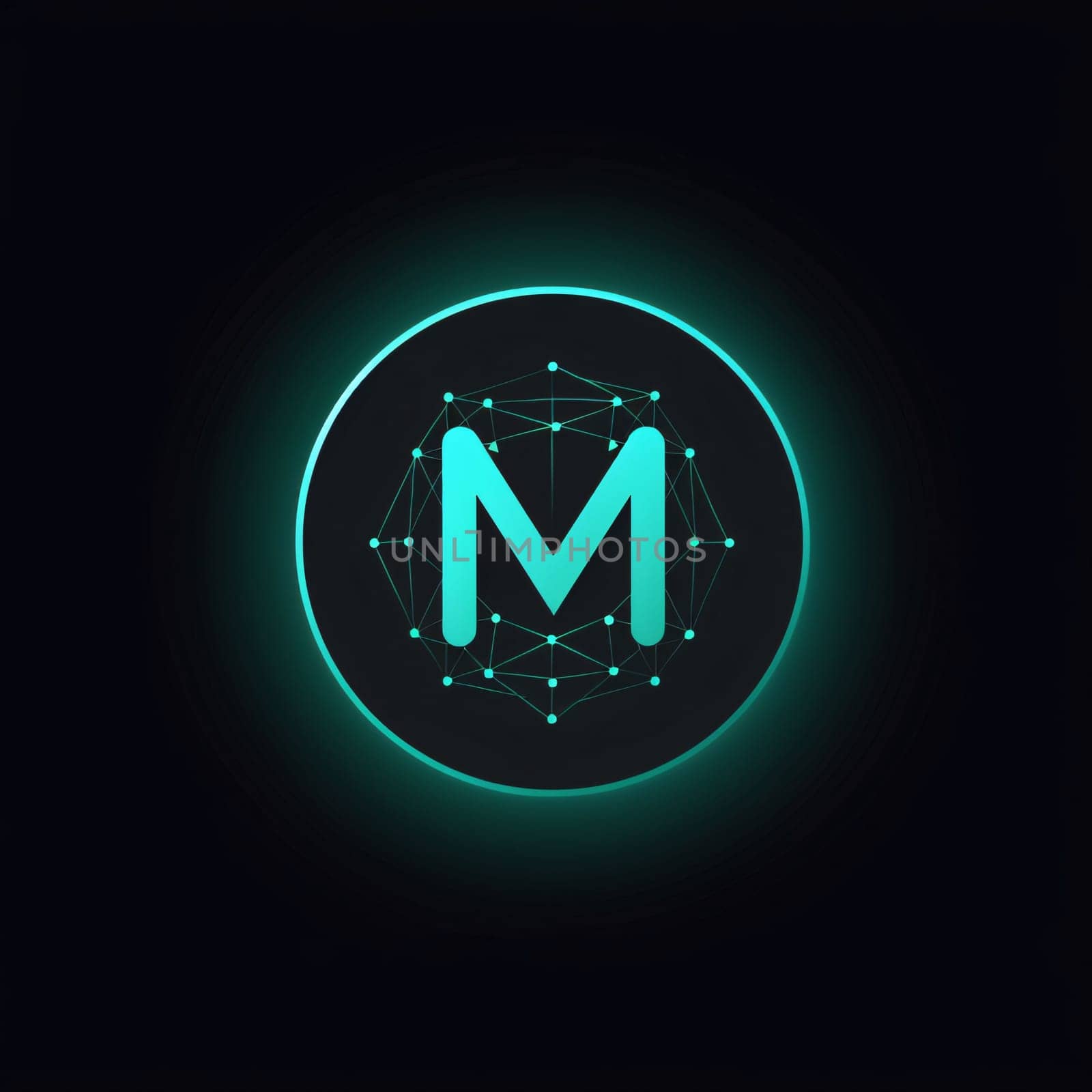 Graphic alphabet letters: Blue neon letter M in circle form on dark background. Vector illustration