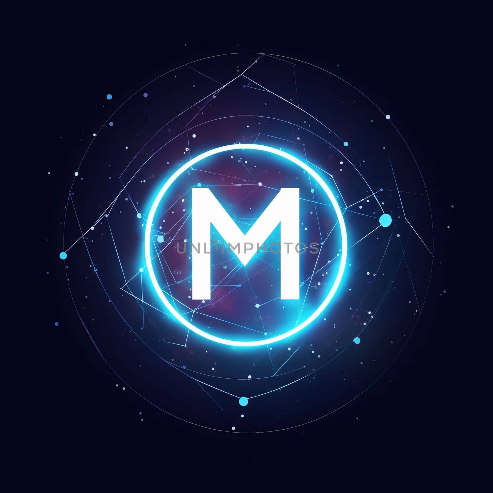 Graphic alphabet letters: Neon letter M in circle. Futuristic technology style. Vector illustration.
