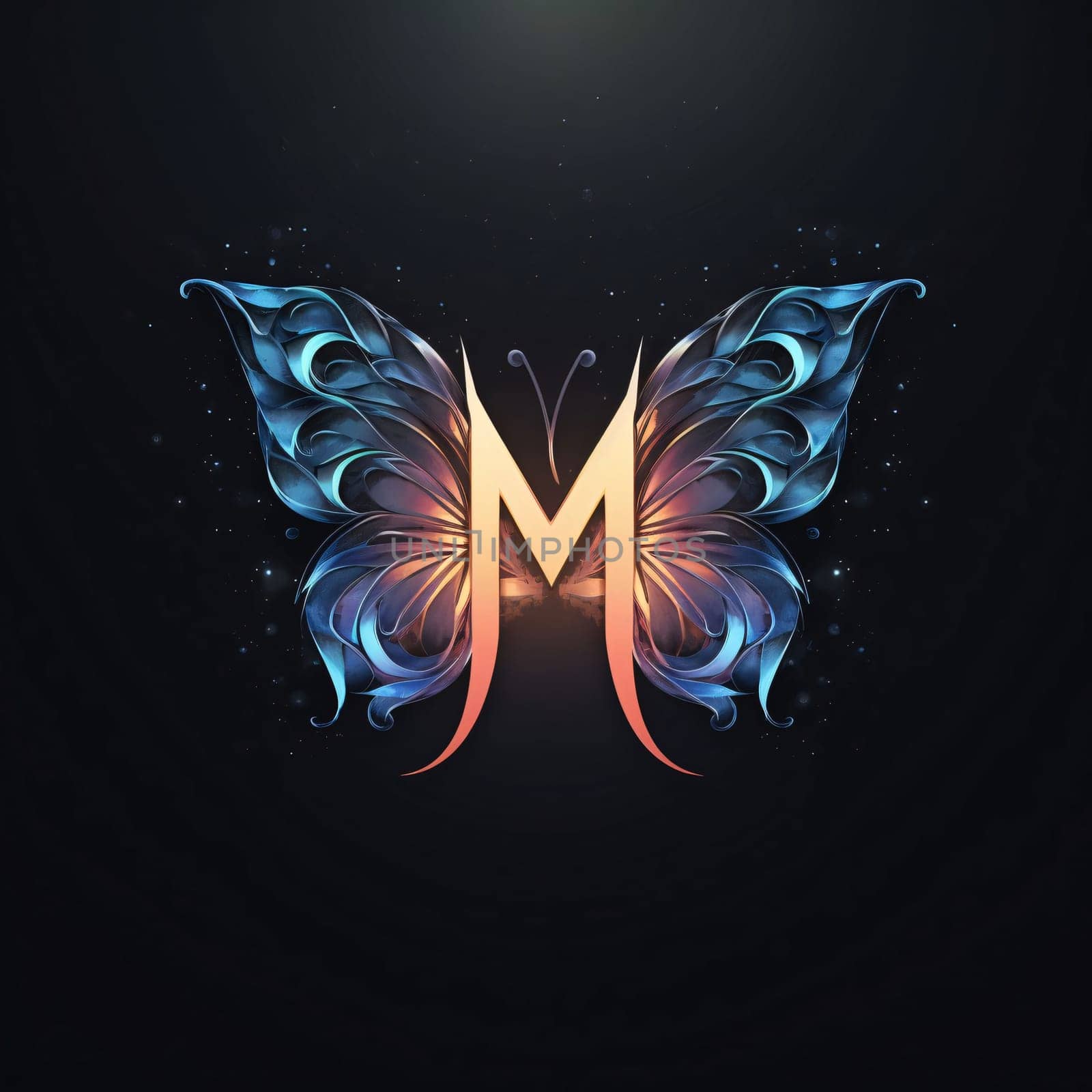 Graphic alphabet letters: Butterfly with letter M on black background. Vector illustration.