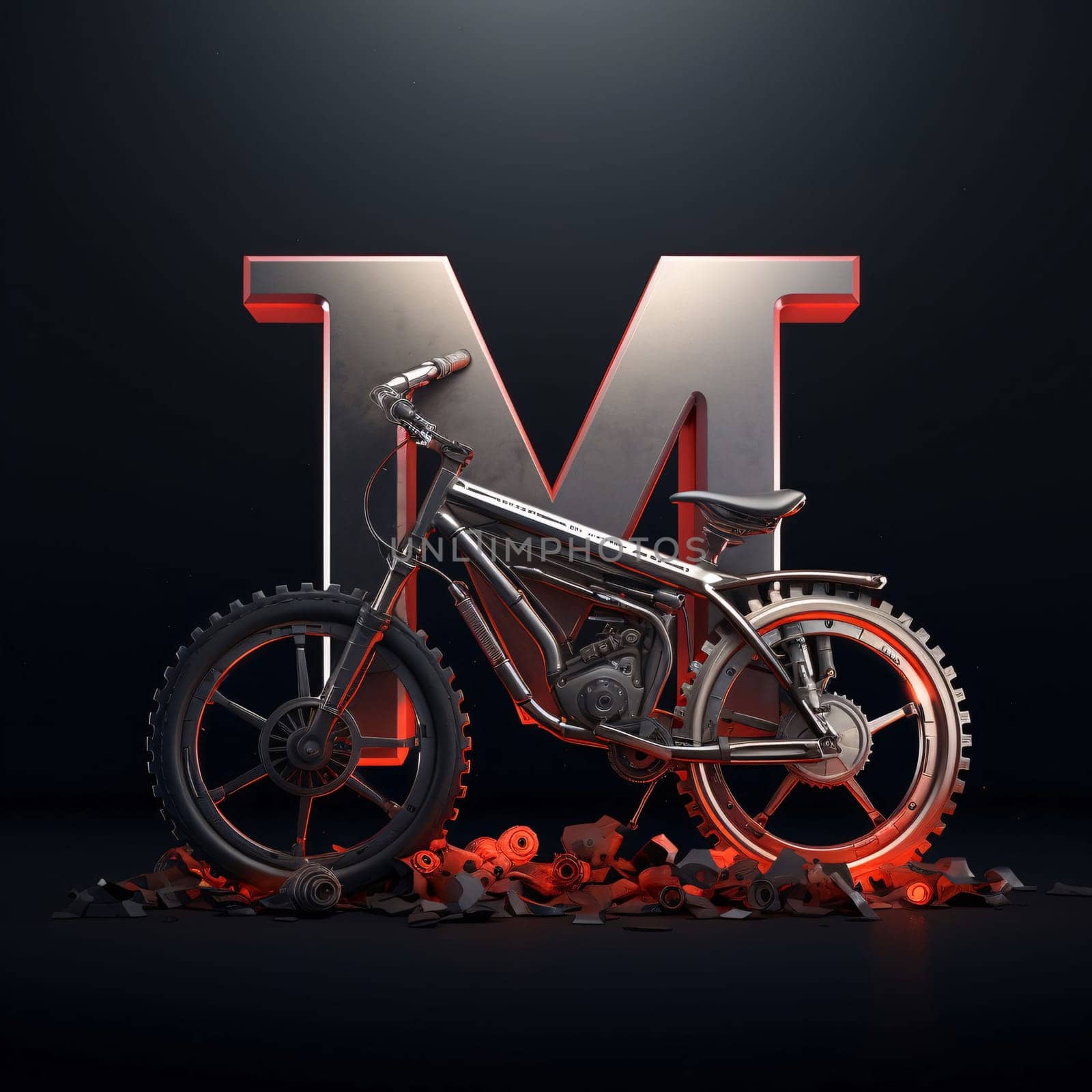 Graphic alphabet letters: 3d illustration of metal letter M with bicycle on black background.