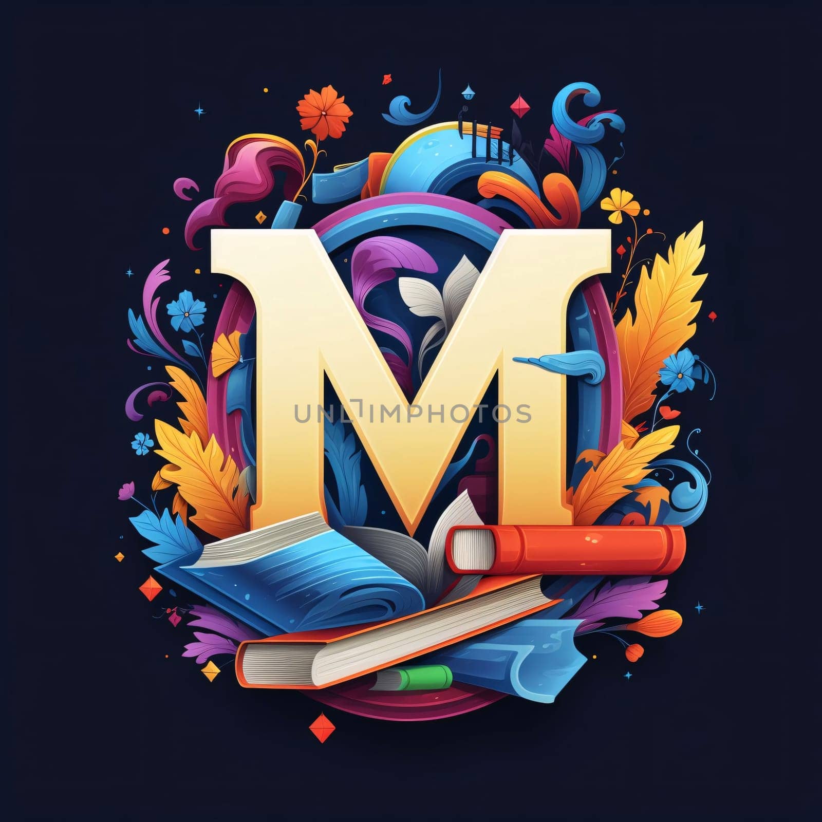 Graphic alphabet letters: Vector illustration of letter M with colorful floral elements on dark background.