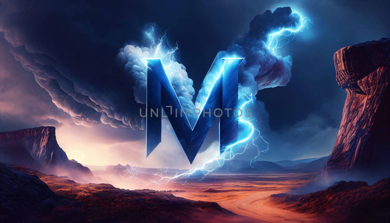 Digital composite of Lightning strikes with letter M against surreal landscape background 3d by ThemesS