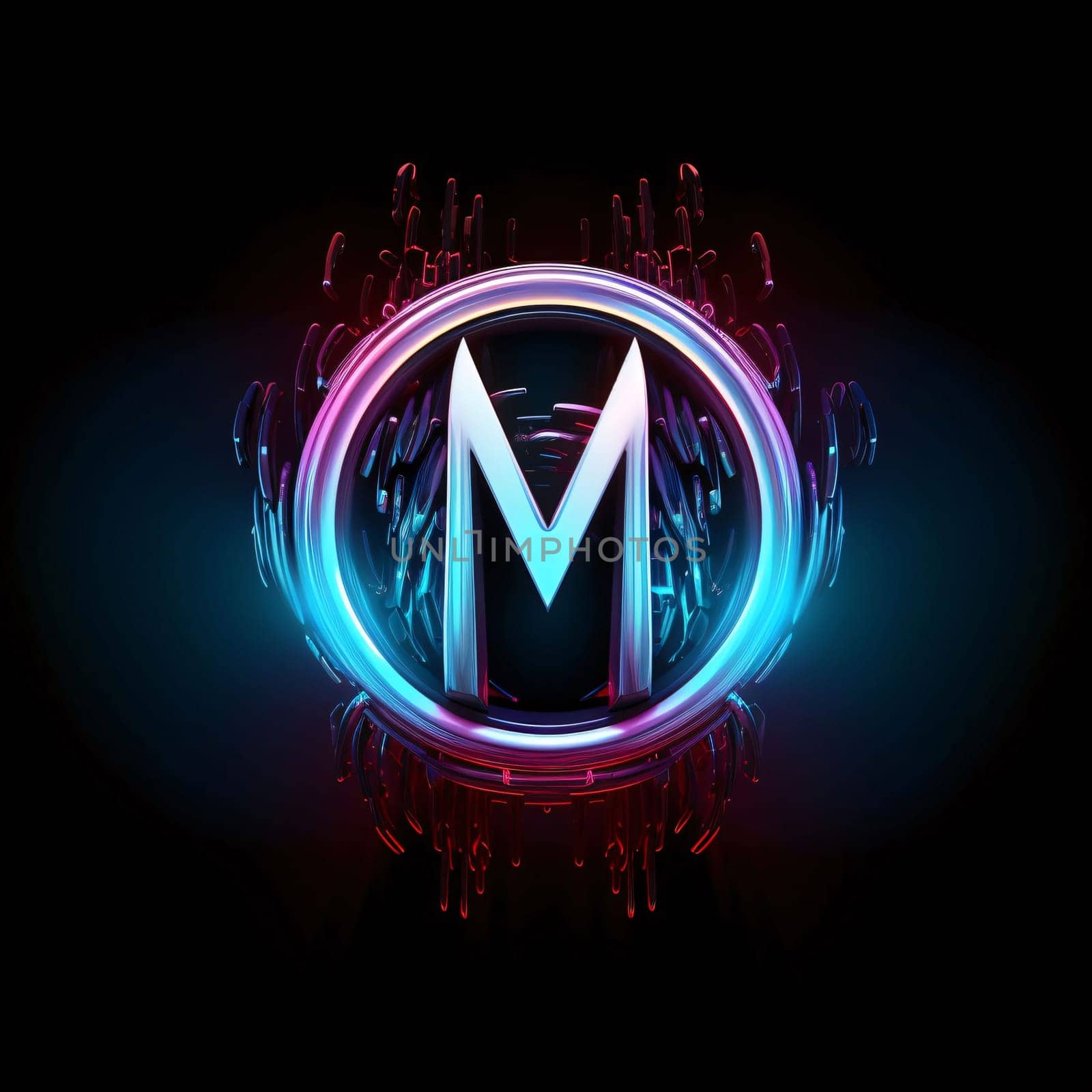 Graphic alphabet letters: Neon letter M in circle on black background. Vector illustration.