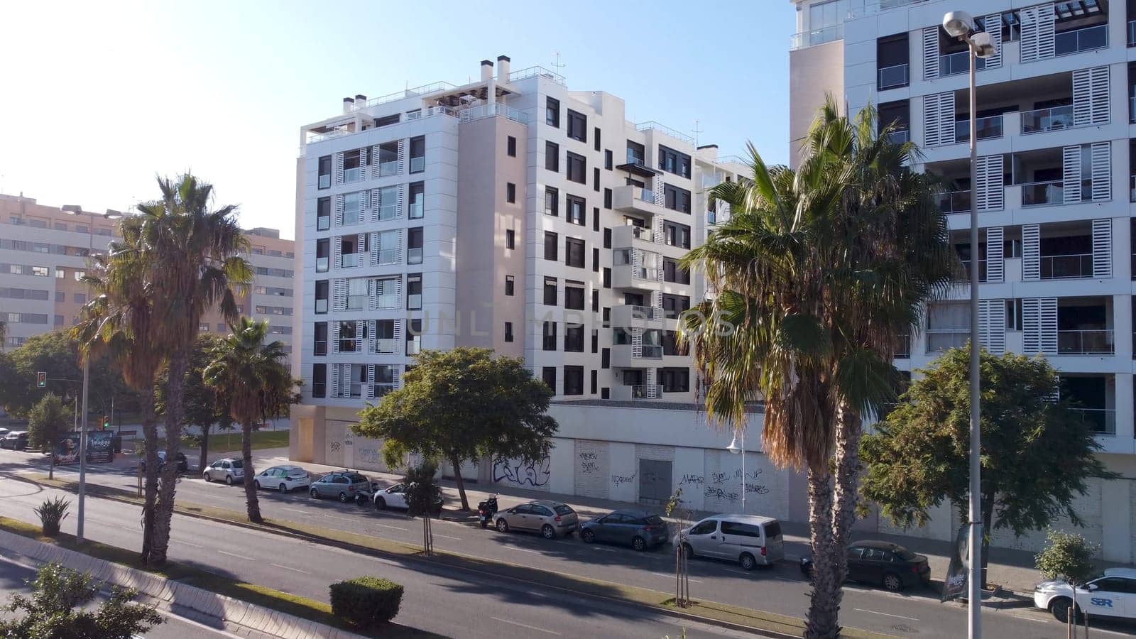 A vibrant city street adorned with tall buildings, swaying palm trees, and a clear blue sky, creating a picturesque residential area.