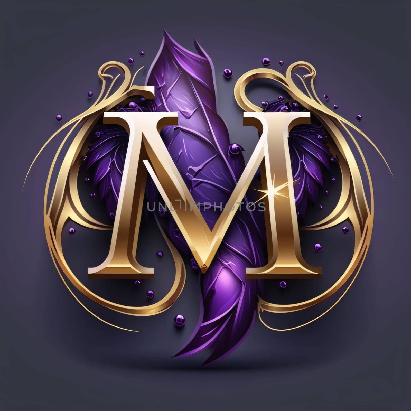 Graphic alphabet letters: Vector illustration of beauty and fashion alphabet M in gold and purple color