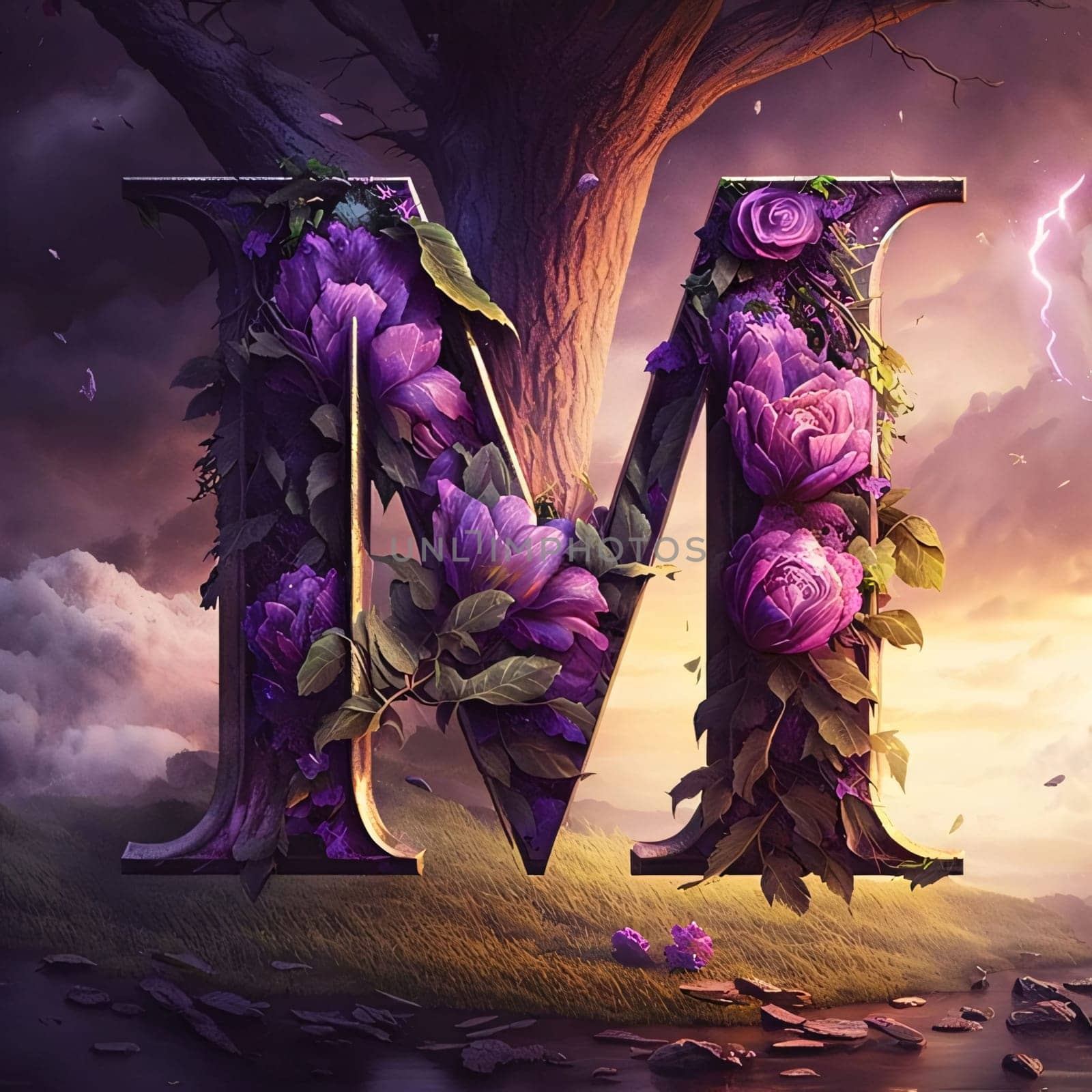 Graphic alphabet letters: Alphabet letter M with purple flowers in the forest. Halloween font.