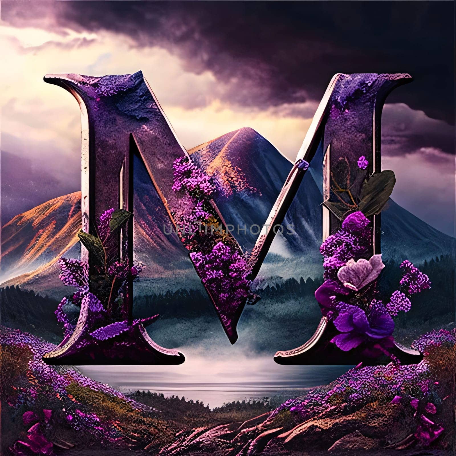 Graphic alphabet letters: Beautiful letter M with flowers in the mountains. 3D rendering