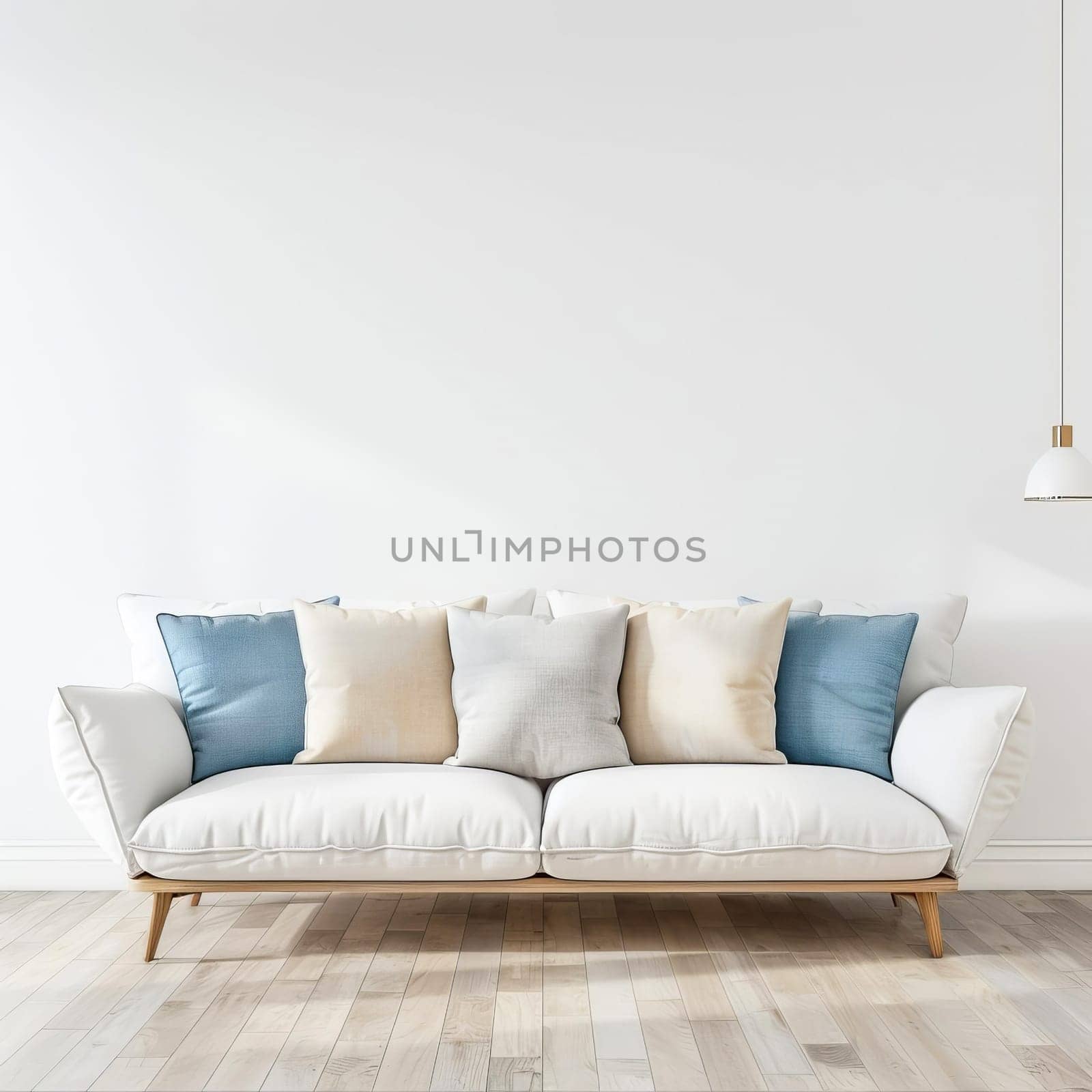 Living room with blue and beige sofa cushions lying on white sofa. by OlgaGubskaya
