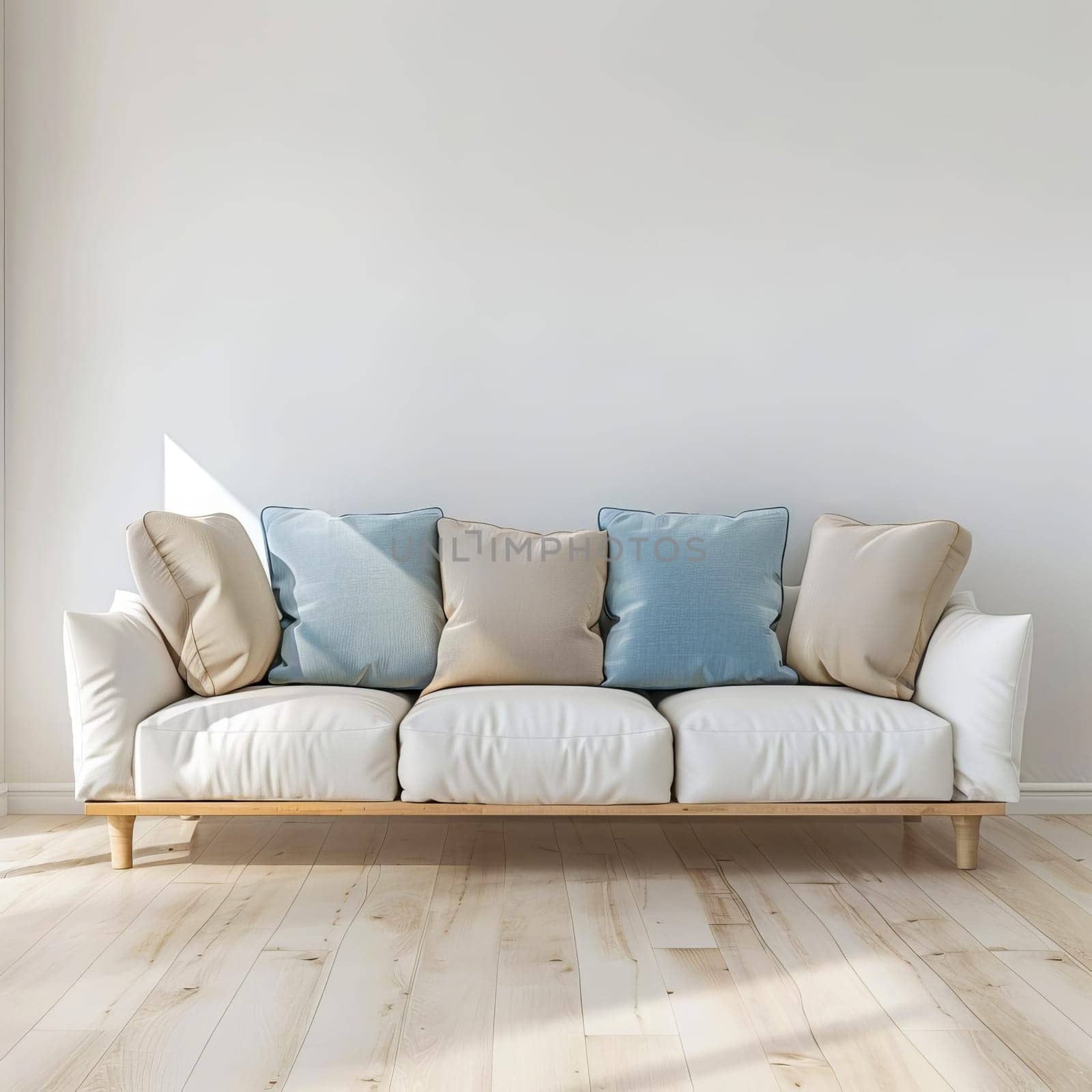 Living room with blue and beige sofa cushions lying on white sofa. by OlgaGubskaya