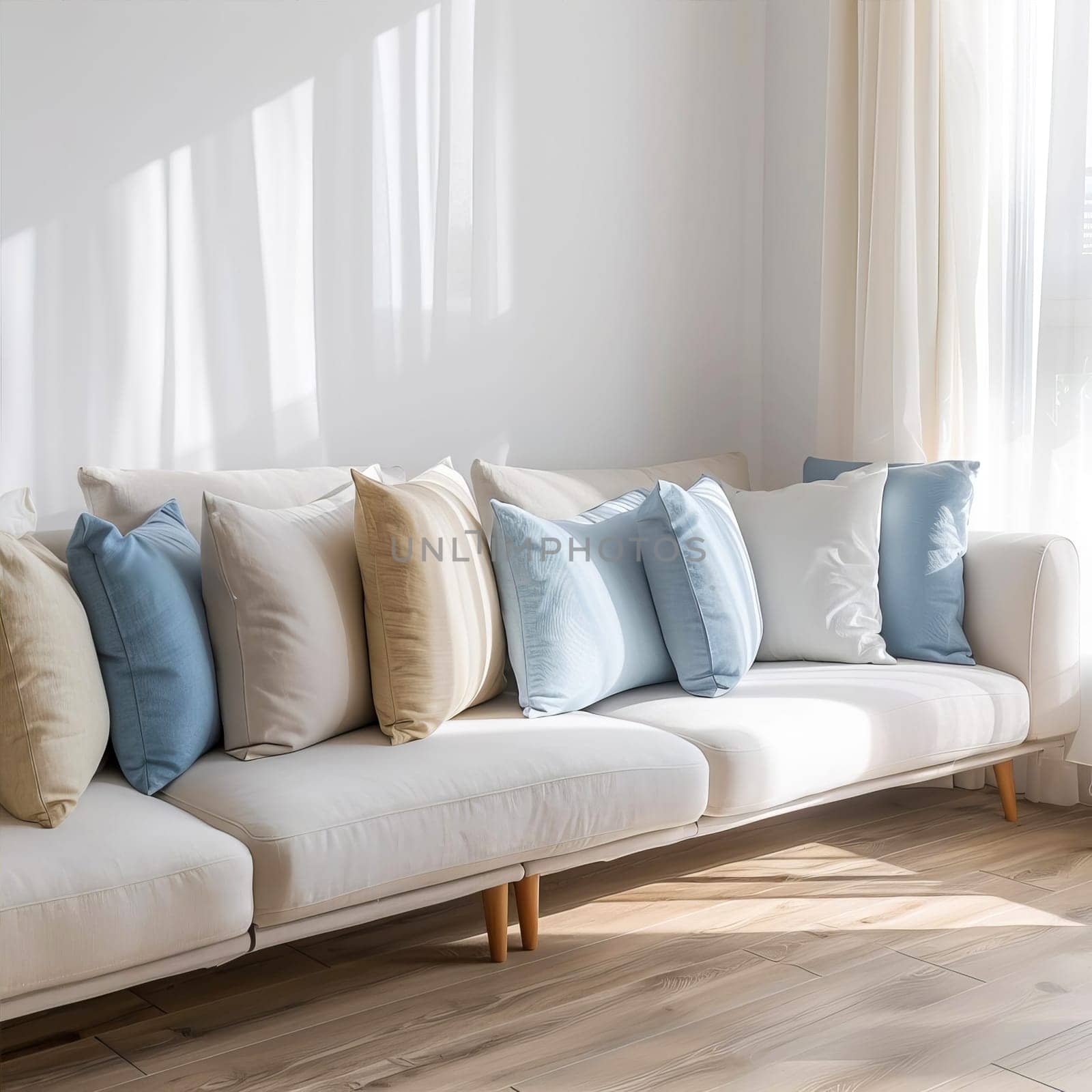Living room with blue and beige sofa cushions lying on white sofa. by OlgaGubskaya