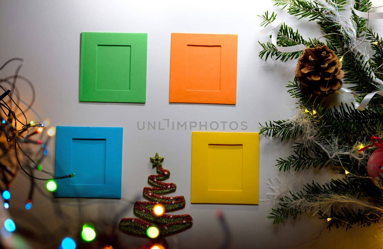 Christmas square photo frame with lights and shadow on white background. Photograph empty blank holiday celebration template. Retro memory picture by igor010