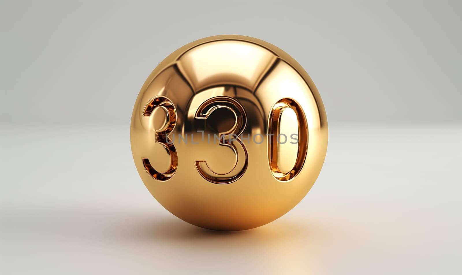 Golden ball with a number 330 on a white background. Selective focus.