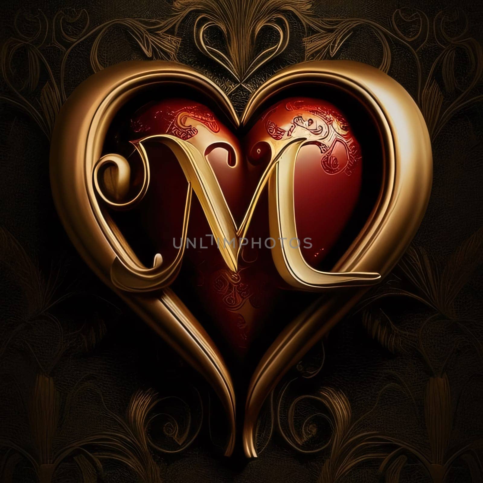 Graphic alphabet letters: ornamental valentine's day background with heart. 3D illustration