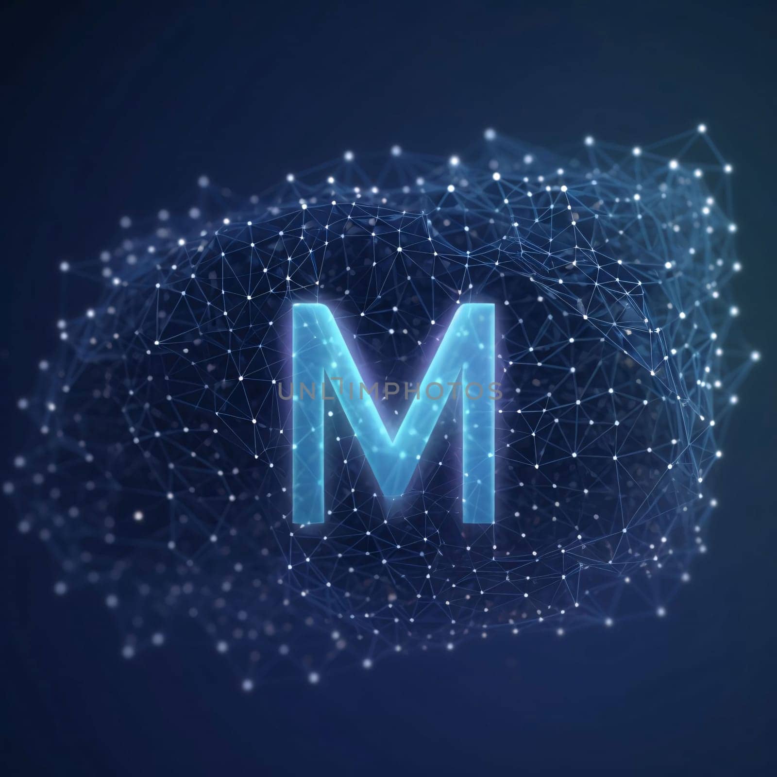 Graphic alphabet letters: Abstract polygonal human brain with letter M on dark blue background