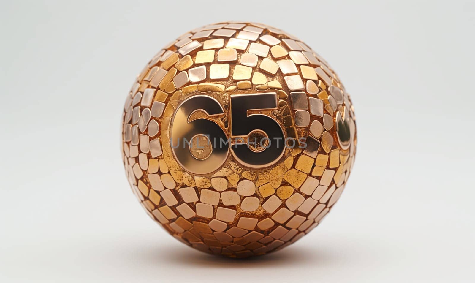 Golden ball with a number 65 on a white background. Selective focus.